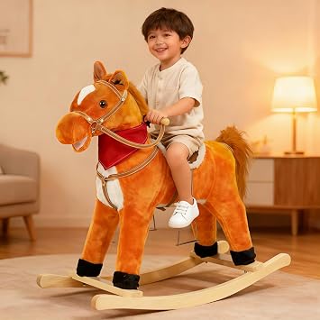 Plush Kids Rocking Horse, Wooden Base Rocking Horses Ages 1-6 with Handle Grip, Sounds, Moving Mouth, Wagging Tail, 110 Lbs Weight CapacityLight Brown, Middle