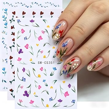 Small Flower Nail Stickers for Nail Art, 6Pcs Colorful Daisy Tulip Floral Nail Decals Self-Adhesive Spring Summer Nail Art Supplies Cute Flowers Nail Design Stickers Fresh Manicure Sliders for Women