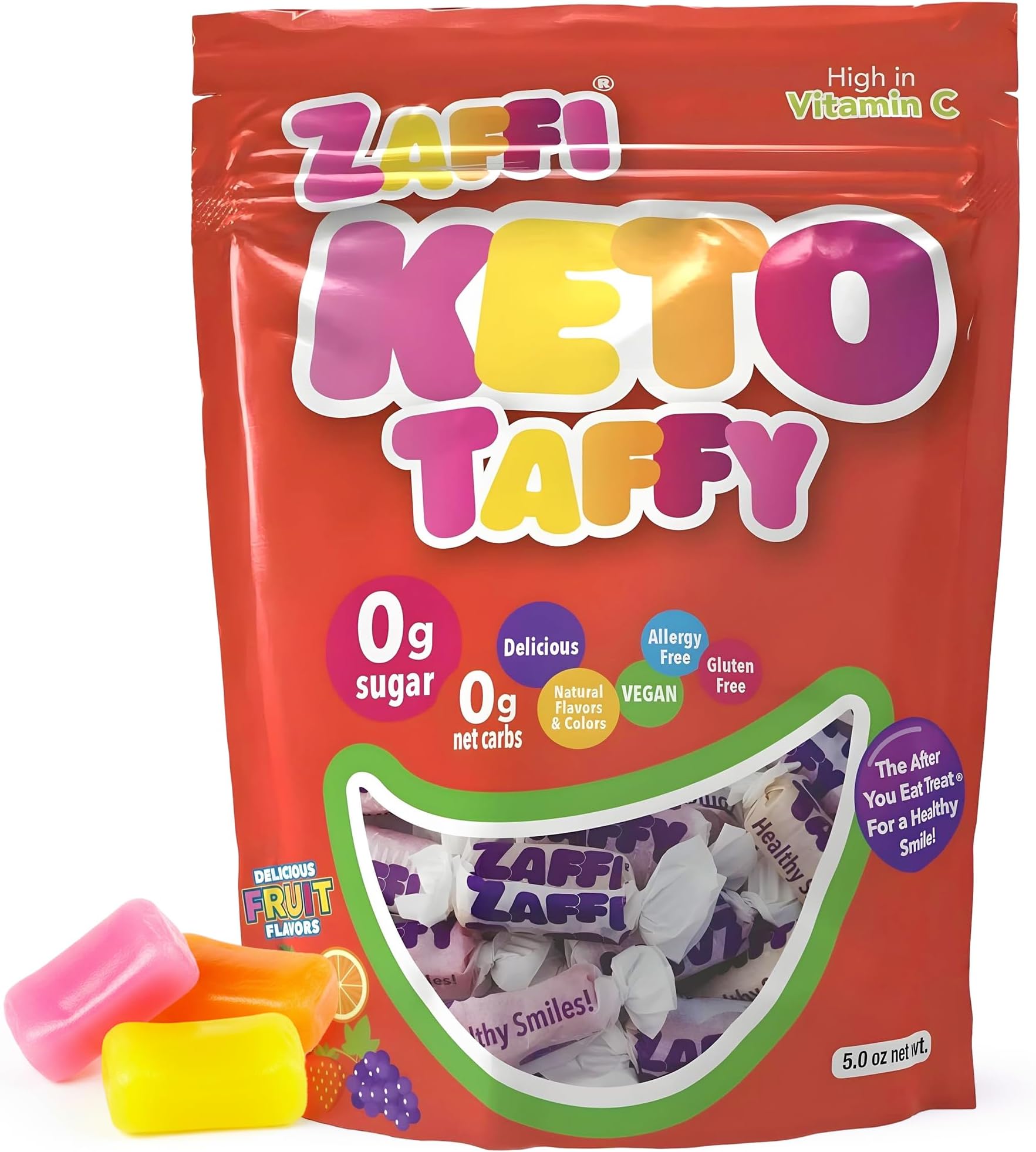 KETO Taffy 5oz Resealable Pouch - Sugar-Free, Low-Carb Chewy Treats for Satisfying and Delicious Snacking