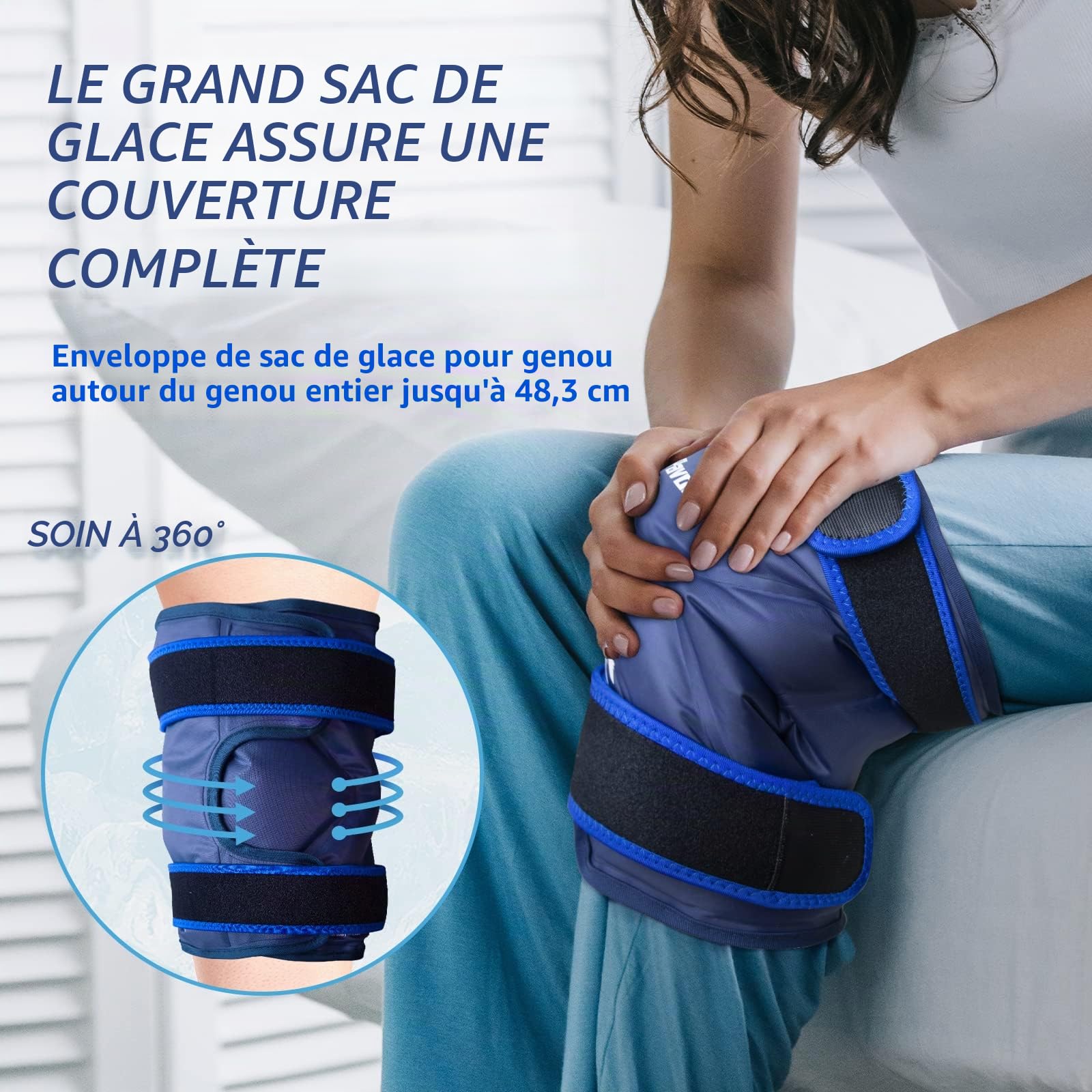 Lot de 1 poche de glace XXL enroulable autour de l'ensemble du genou après une chirurgie, sac de gel réutilisable pour blessures, grand sac de glace pour soulager la douleur, les gonflements, la