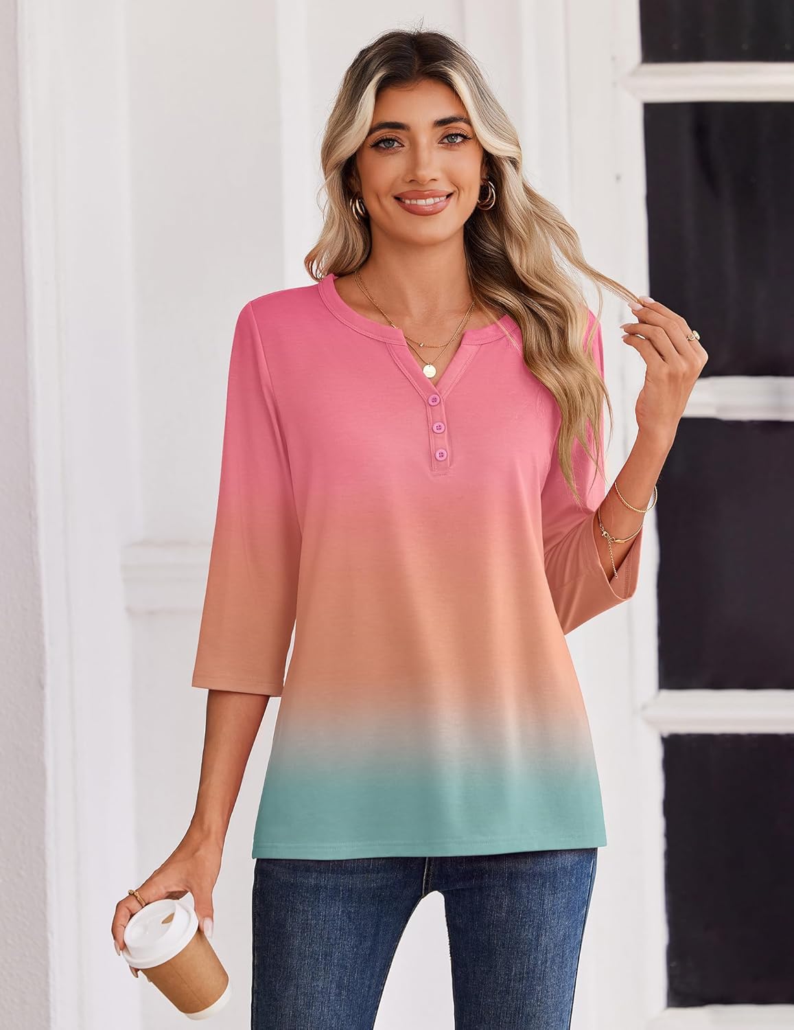 Zeagoo 3/4 Length Sleeve Womens Tops Casual Dressy Summer Blouses Buisness Work Spring Tee Shirts - Image 2