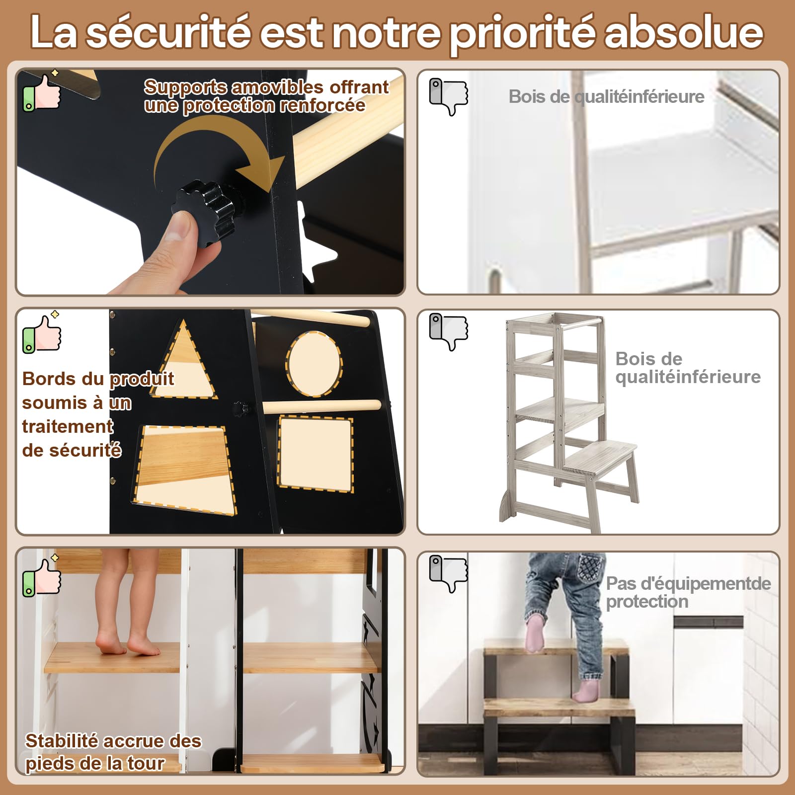 LEADZM Tour d Observation Enfant Montessori，Tour d'apprentissage，3 Hauteurs en Bois, Stabilité Anti-Bascule et Découverte des Formes(Noir+Nature)