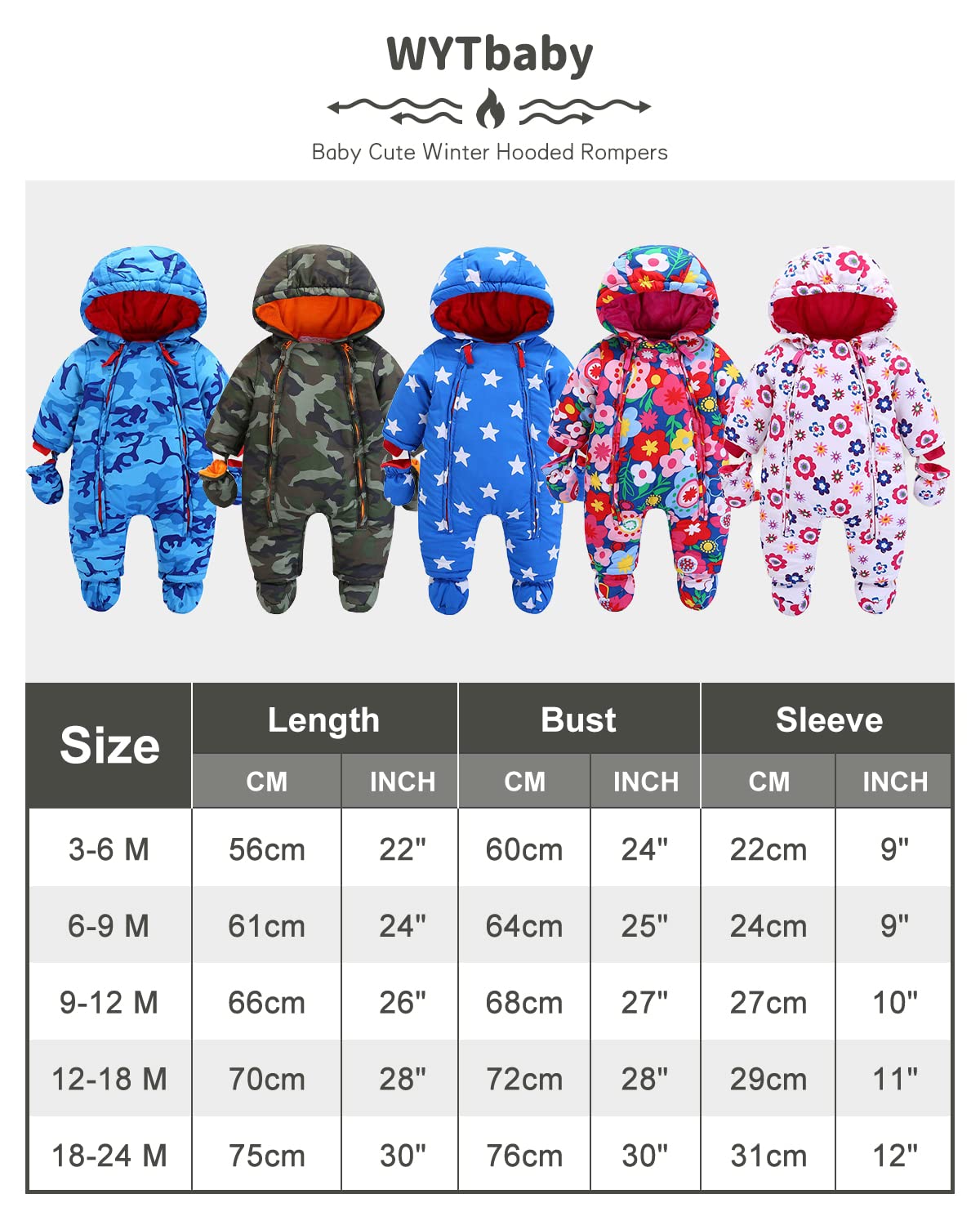 Baby Strampler Strampelanzug mit Kapuze Schneeanzüge mit Handschuhen und Füßlinge, für Kleinkinder Fleece Baumwolle Strampler für Kleinkinder, Jungen Mädchen Warm Overall Winterjacke 3-6 Monate
