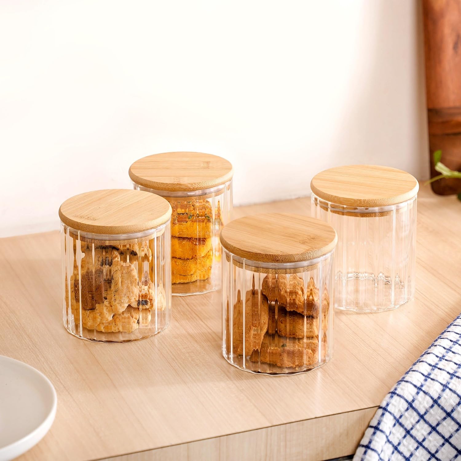 Nestasia Set of 4 Glass Jars with Airtight Bamboo Lid (610 ml Each) - Durable, Non-Toxic, Elegant Glass Containers for Kitchen Storage - Perfect for Cookies, Pulses, Cereals & Dry Fruits (Transparent)