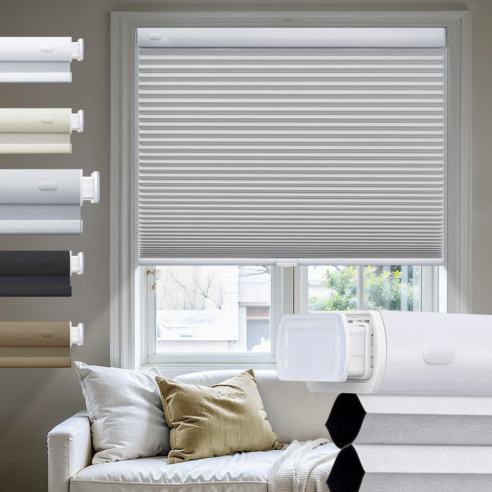 Moonice No Drill Cellular Pleated Blinds for Windows Cordless Cellular Blinds Blackout Color-Matched Thermal Insulated Shades 3.8cm Honeycomb Shade for Home (Gray, 115cm W x 198cm H)
