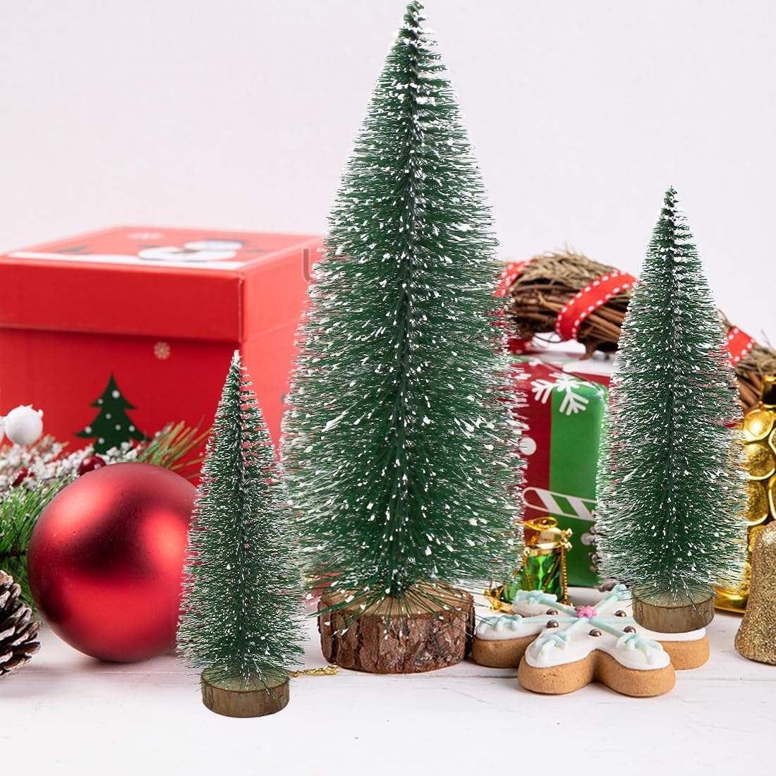 6 Pcs Small Christmas Trees Bottle Brush Christmas Trees Christmas Decorations, Small Christmas Pine Tree with Wooden Base for Christmas Table Decorations (4 Size)