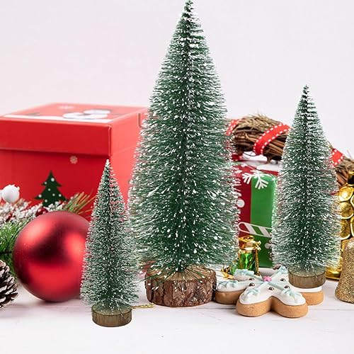 Miniatura 4 de 7 árboles de Navidad pequeños, cepillo para botellas, árboles de Navidad de sisal, nieve, árboles de pinos con base de madera, mesa de mesa, mini