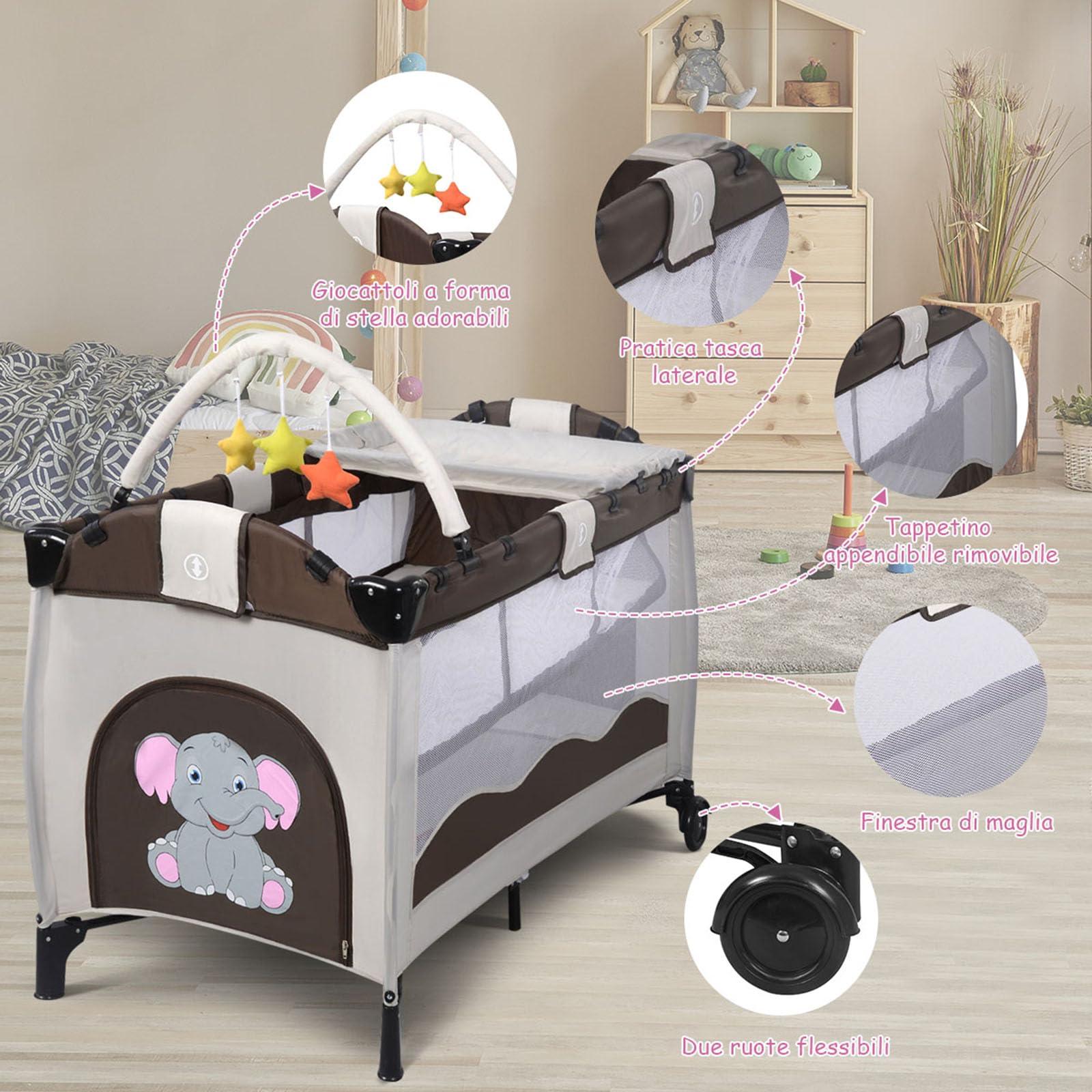 COSTWAY Lettino da Viaggio, Lettino da Campeggio per Bambini Culla Neonato, Incluso Materasso + Accessori, 125 x 66 x 77 cm (Marrone)