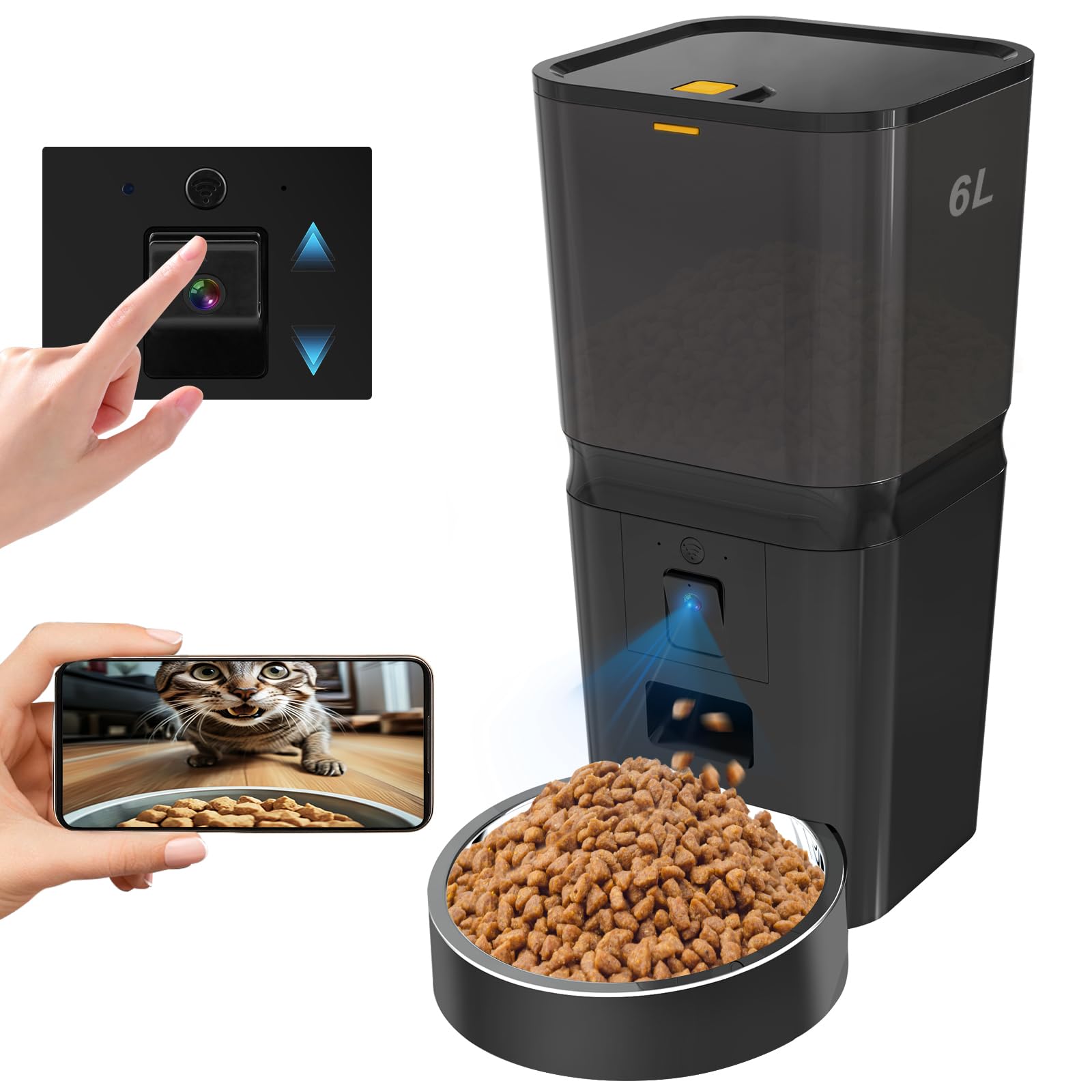 SIATELOO Automatic Cat & Dog Feeder with Camera, 6L Smart WiFi Pet Food Dispenser for Small Pets - Timed Feeding App, Battery Backup, Voice Recorder, Night Vision & Portion Control