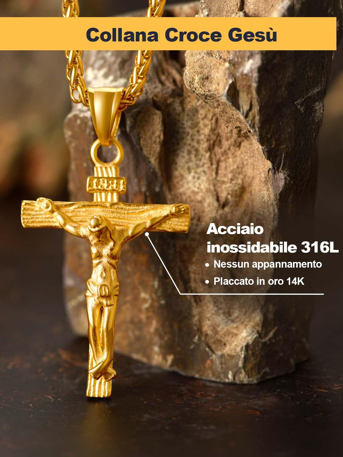 U7 Collana Uomo con Crocifisso Croce Con Gesù Cristo Vintage in Acciaio Inossidabile Ciondolo Crocifisso Amuleto Religioso Personalizzabile + Catena Regolabile 55+5 cm con Confezione Regalo