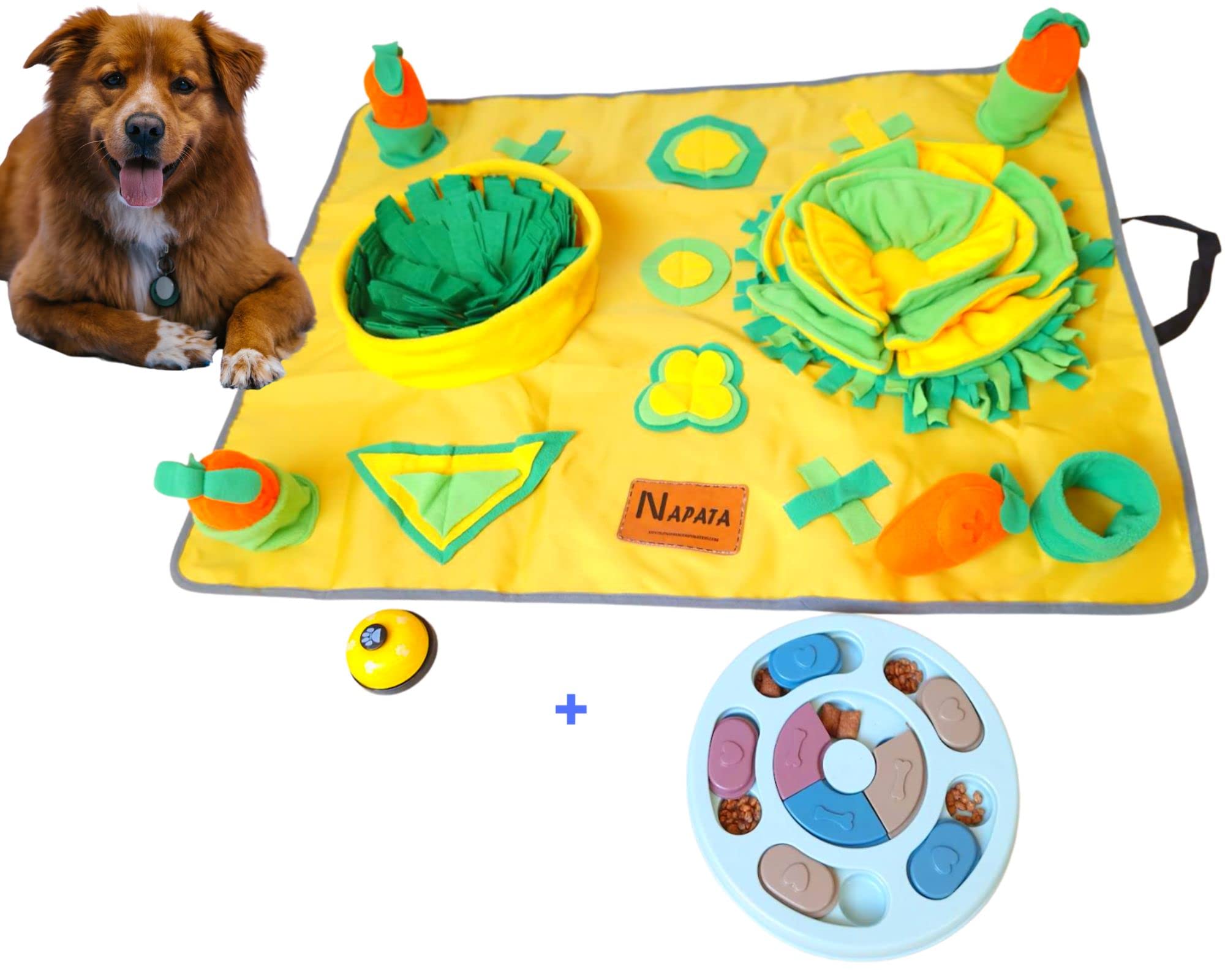 3-Pack: Large Snuffle Mat for Dogs Improves Pet Foraging Skills. Treat Game Mental Stimulation. Pets Enjoy The Intermediate Interactive Dog Puzzle Toys and Training Bell, Yellow, Blue