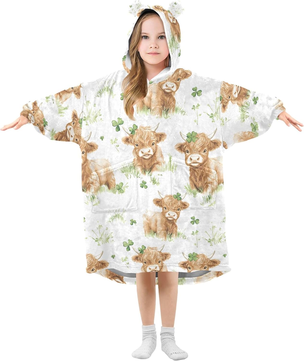 St Patricks Day Highland Cow Clover Kids Wearable Blanket Hoodie and Sleeves for Toddlers, Cute Hoodies Girls B0403788
