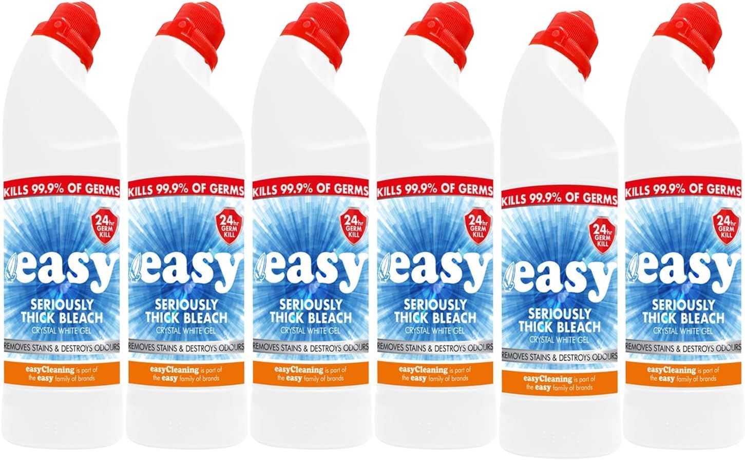 Easy Seriously Thick Bleach 750ml Crystal White Gel Powerful Disinfectant Cleaner, Removes Tough Stains, Germs & Odours, Household Cleaning for Toilets, Drains, Bathrooms, Kitchens Pack of 6