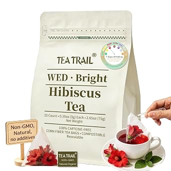 TEATRAIL Hibiscus Tea 100% Pure Natural Caffeine Free Herbal Tea Bags, Refreshingly Tart Floral Flavor, Cold Brew & Iced, 25 Count