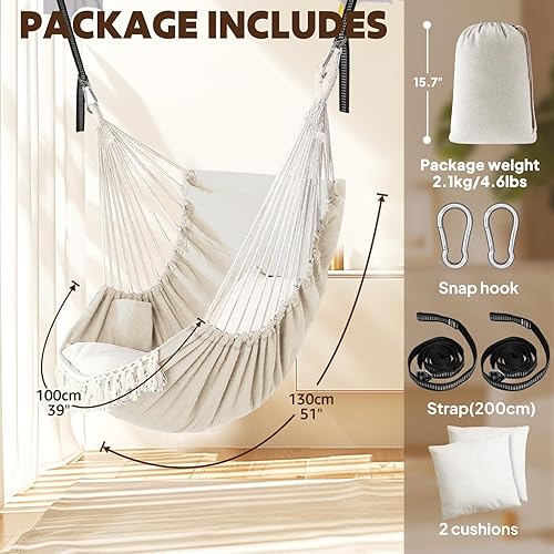 Miniatura 4 de Chihee Hamaca para colgar con 2 almohadas de asiento incluidas, correas fuertes y ganchos para colgar fácilmente, tejido de algodón suave, silla