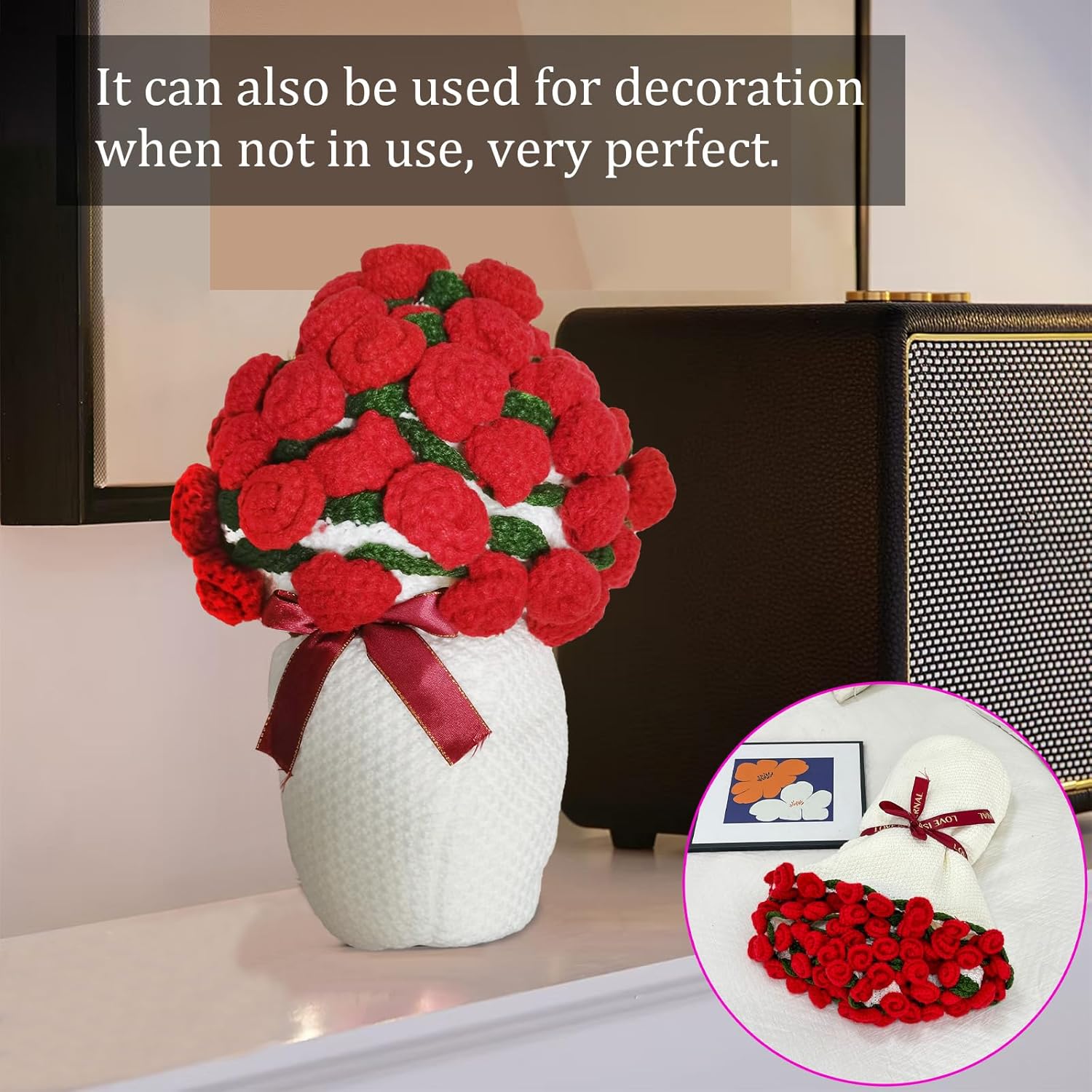 Crochet Flower Blanket, 43'' Crochet Flowers Bouquet Blanket Gifts for Women Birthday Unique, Soft Knit Throw Blanket Home Decor, Romantic Rose Blankets for Valentine's Day, Christmas,Anniversary(Red) - Image 7