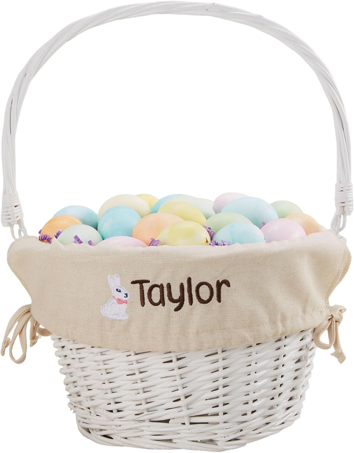 Personalization Universe Personalized Bunny Name Easter Basket – Custom Kids Easter Egg Basket – Embroidered Light Blue Basket Liner – Hand-Woven White Willow Basket with Folding Drop-Down Handle