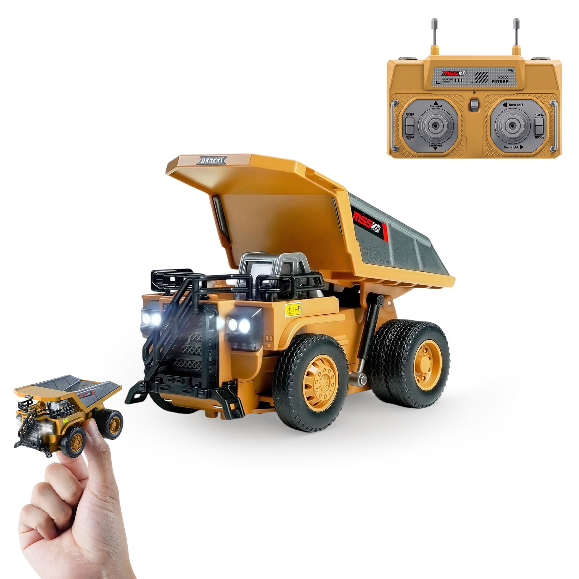 BRRRRT 1/64 RC Dump Truck,Mini Dump Truck Toy,8-Channel Remote Control Toy with Metal Bed & Light, RC Construction Vehicles,Type-C Built-in Battery,Birthday Gifts for Boys and Girls Age 3+