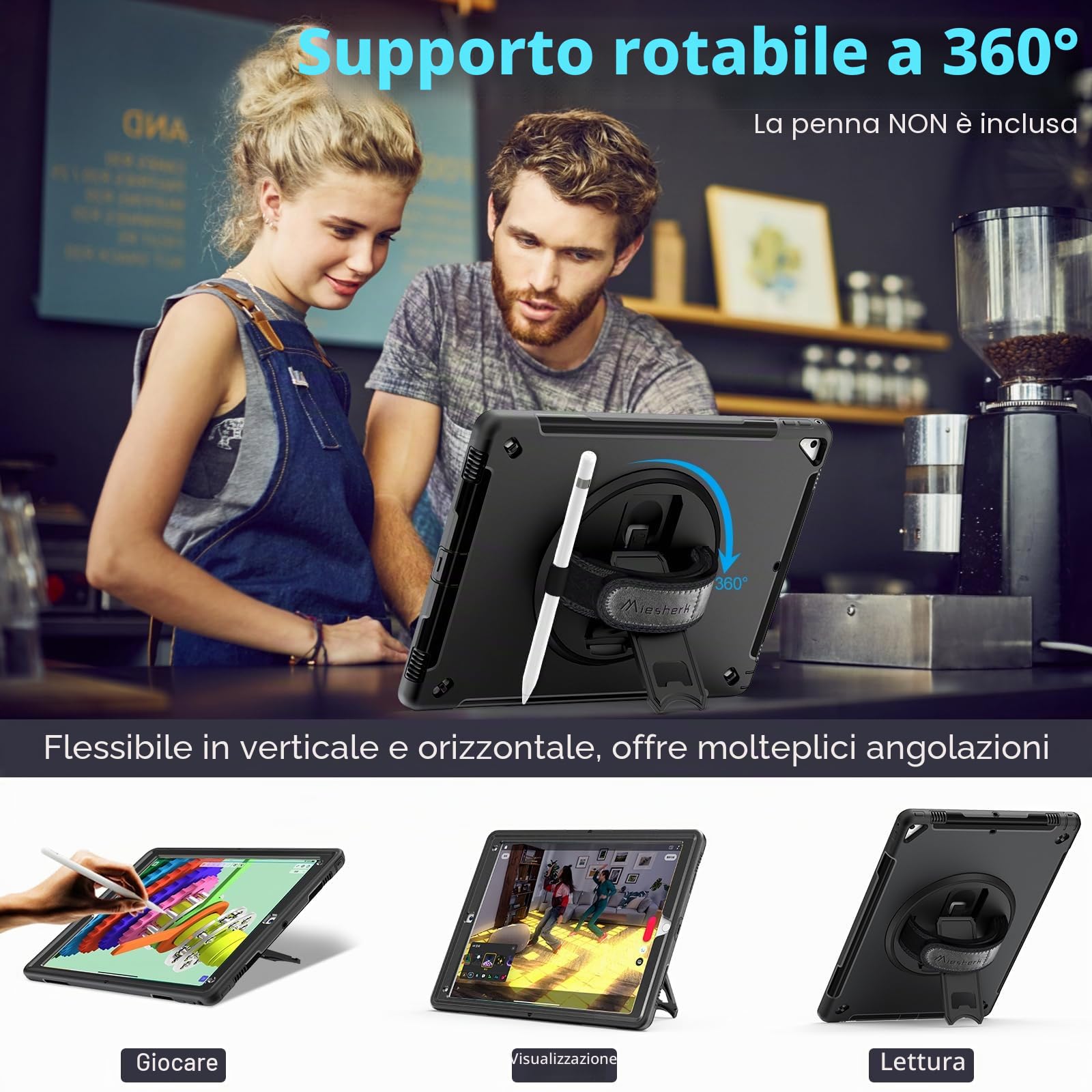 Miesherk Custodia Case per iPad Pro 12.9 2a/1a Generazione 2017/2015: Robusta Protettiva Antiurto Militare per iPad Pro 12.9 Pollici-Portapenne-Supporto Rotante-Tracolla da Mano/Tracolla-Nero