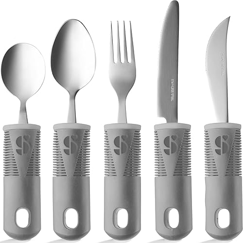 Special Supplies Utensilios adaptativos (juego de cocina de 5 piezas) anchos, sin peso, asas antideslizantes para temblores de manos, artritis,