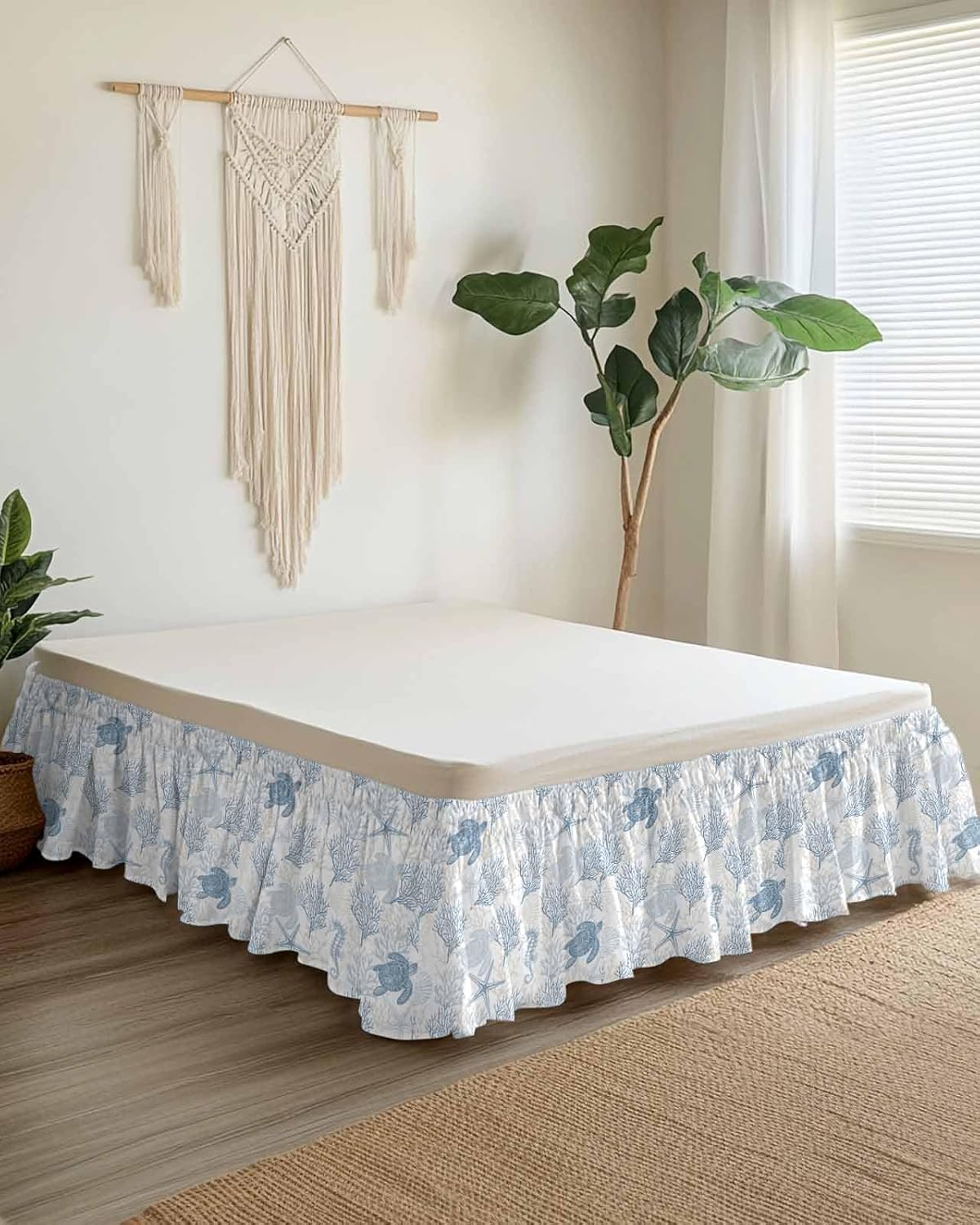 Bed Skirt Summer Ocean Sea Coral Bed Skirt 16 Inch Drop Light Blue Shell Star Turtle Seahorse Elastic Wrap Around Bed Skirt Dust Ruffle for Queen Size Bed