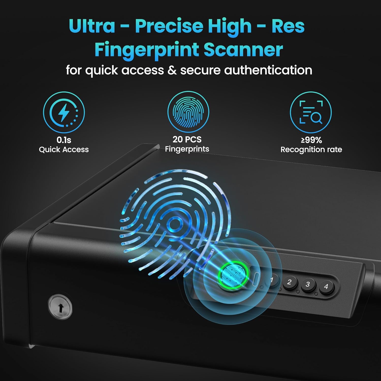 Biometric Gun Safe for Handgun, Gun Safe for Handgun with Fingerprint/Full-digital Keypad/Key Lock, Gun Lock Box with Interior Light for Nightstand Car, Steel Cable Included