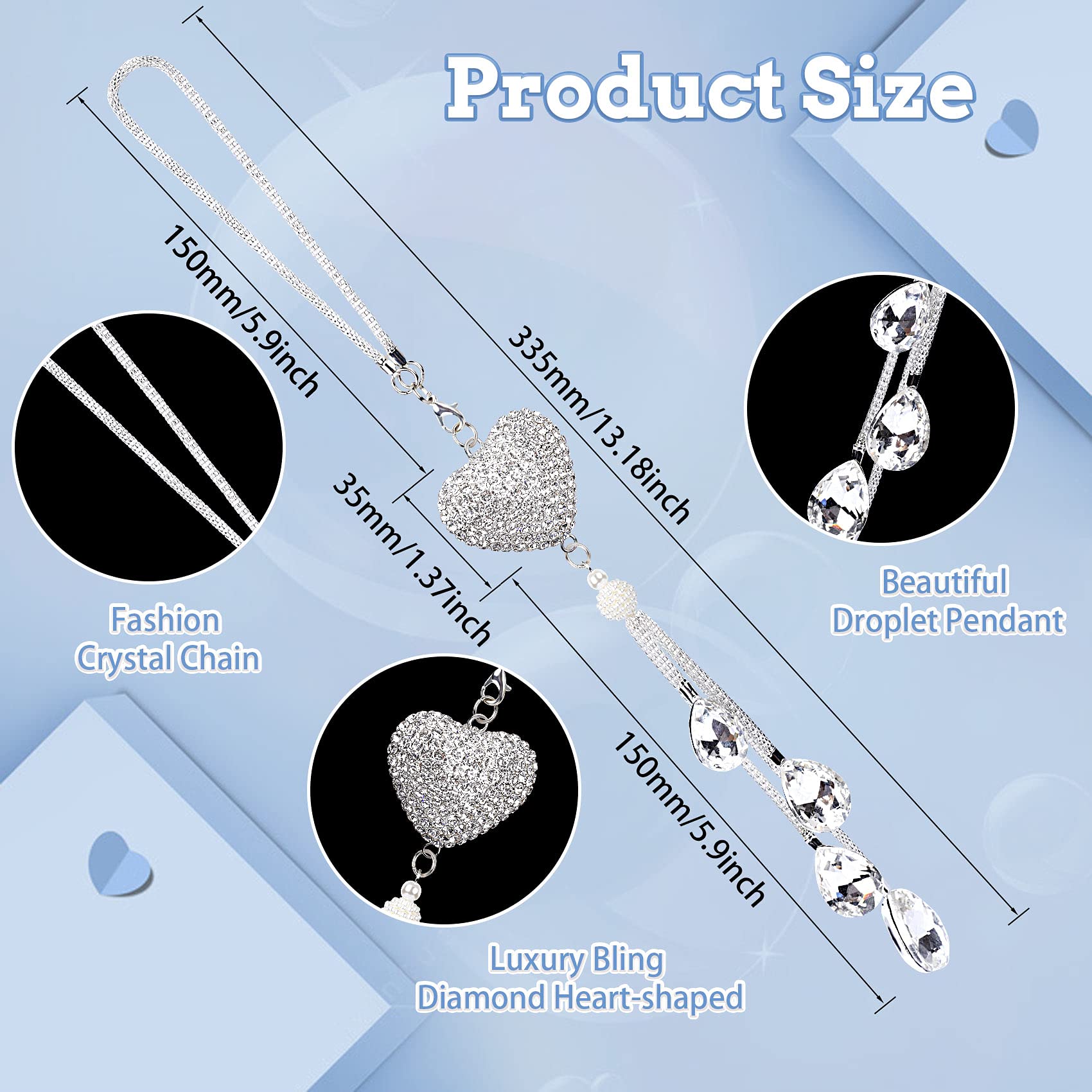 FSTURIOS Bling Heart Car Hanging Charm - Crystal Diamond Rear View Mirror Ornament For Cars (Golden)