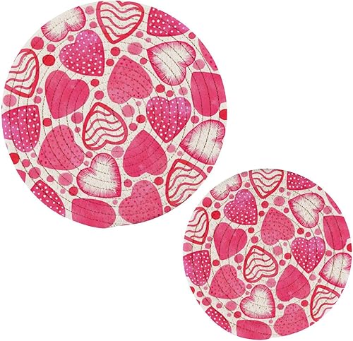xigua Valentine's Day Love Heart Round Trivet Set of 2, Heat Resistant Cotton Kitchen Trivets for Hot Dishes, Hot Pots and Pans