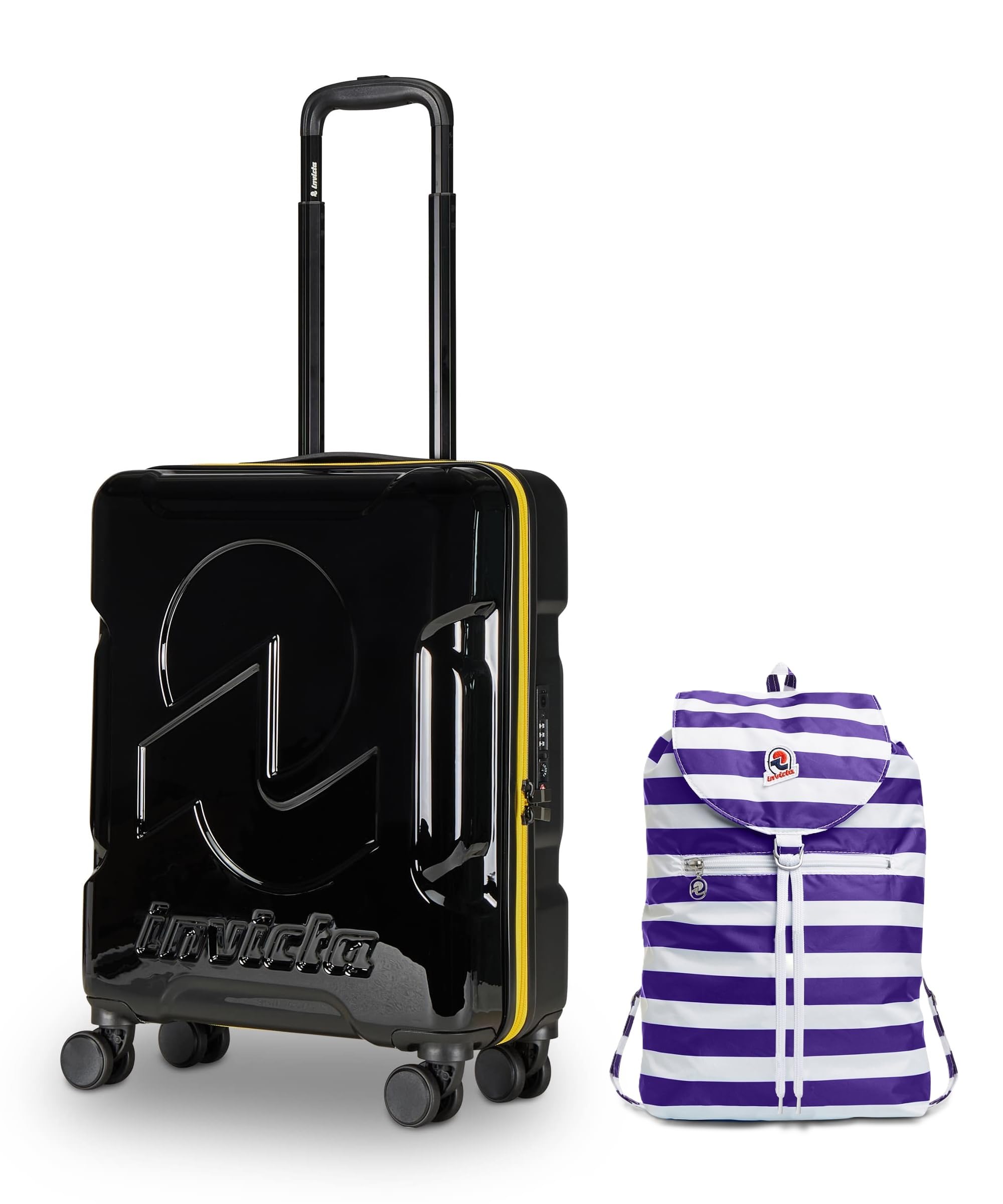 Invicta Trolley Travel - Bagaglio a Mano - Nero - 33 Litri, Rigido da Cabina con 4 Ruote Girevoli + INVICTA Zaino, MINISAC NEXT, Richiudibile e Tascabile, Viaggio & Tempo Libero,