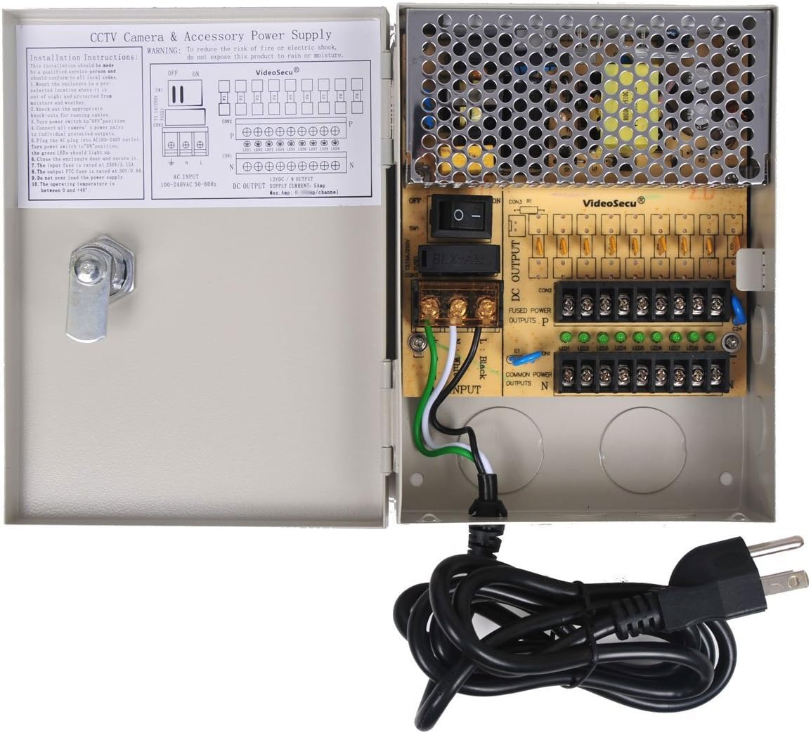 VideoSecu Key Lock 9 Output 12 V DC CCTV Distributed Power Supply Box Auto Reset for Security Camera WK9