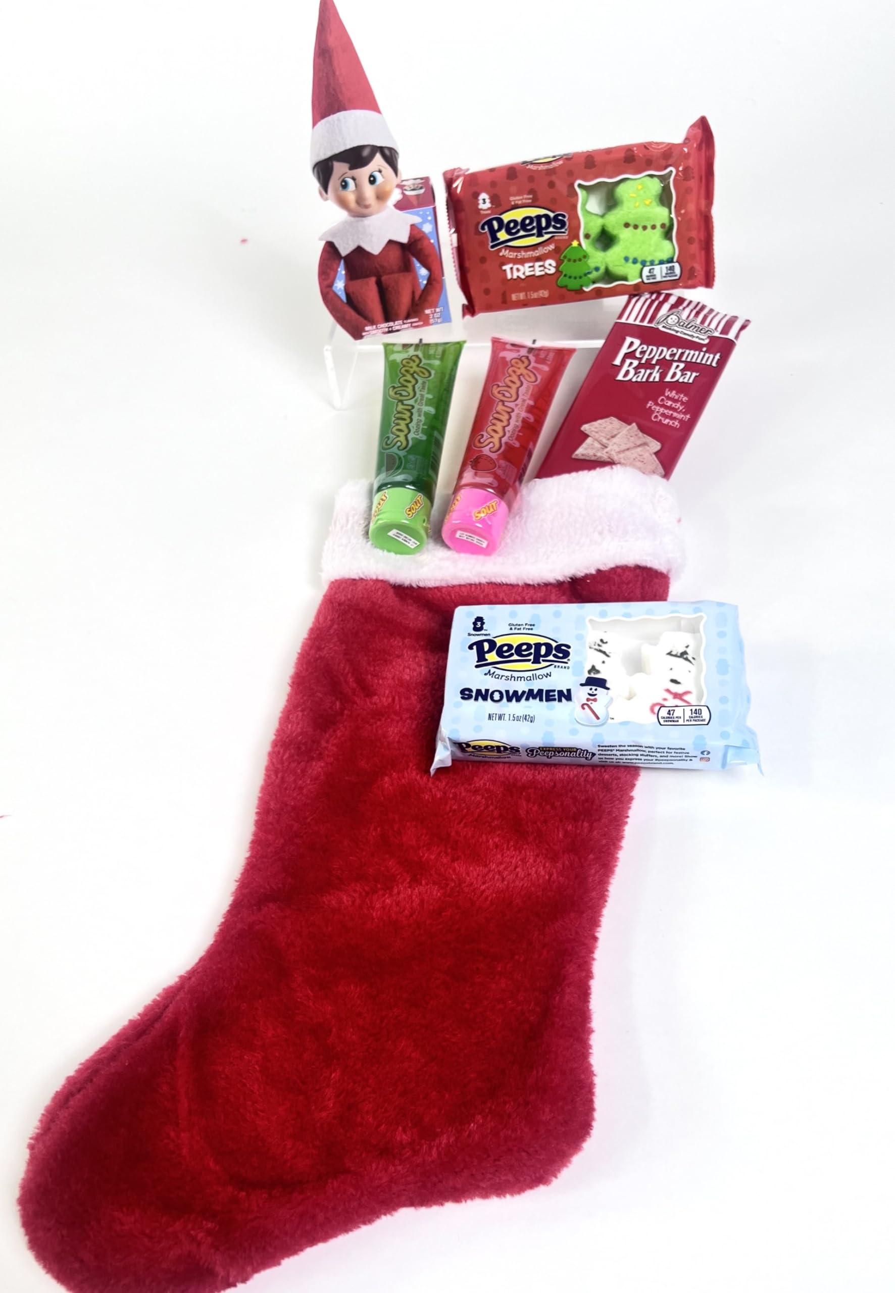 Christmas Stocking Filled with 2 pack Sour Ooze Tubes and Christmas Tree Marshmallow Peeps Holiday Snowman Marshmallow Peeps Gift topper or Secret Santa Christmas Gift