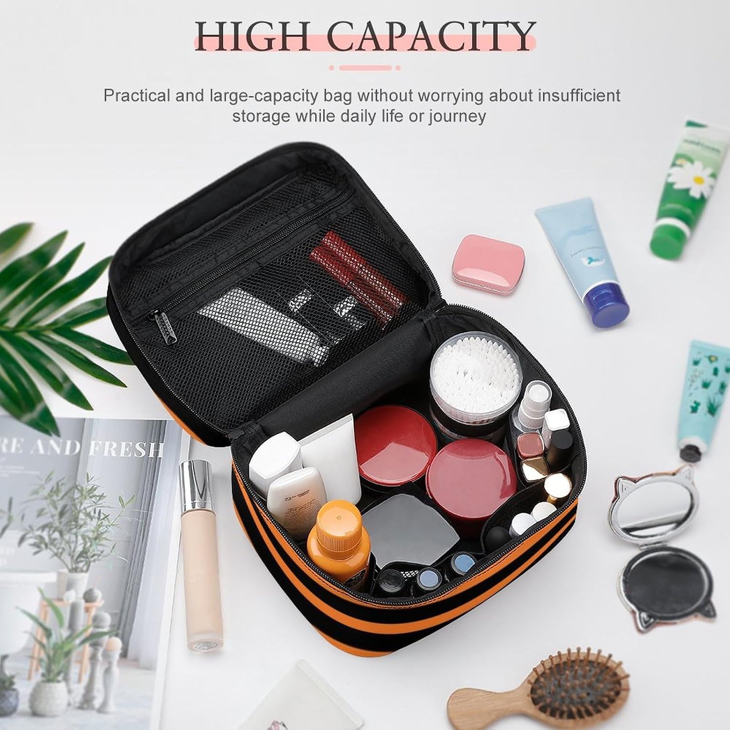Orange and Black Stripes Cosmetic Bag, Travel Portable Makeup Bag for Purse Pouch Beauty Zipper Organizer Toiletry Bag for Women