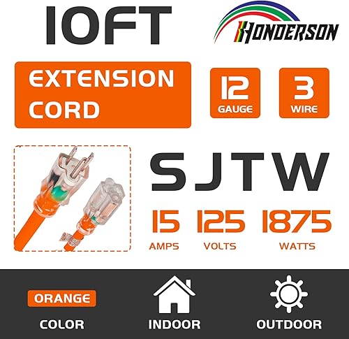Miniatura 78 de Cable de extensión iluminado para exteriores 12/3 de 6 pies, calibre 12, 3 puntas, SJTW, resistente cable de extensión rojo neón con enchufe de 3