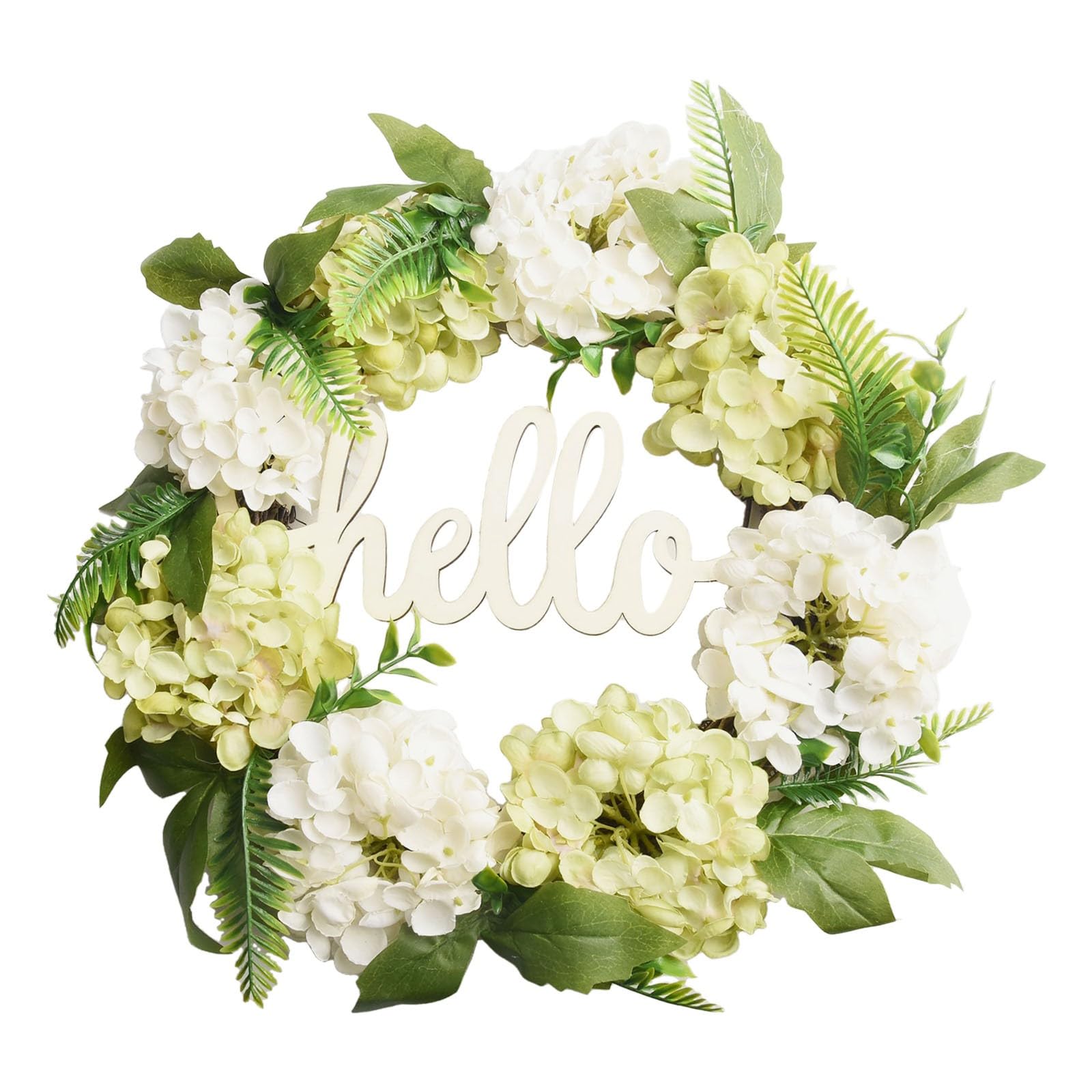 Corona de hortensias artificiales de 40 cm con letrero de saludo, guirnalda de flores de seda para puerta delantera, fondo de pared, interior y exterior, hogar, boda, fiesta, decoración