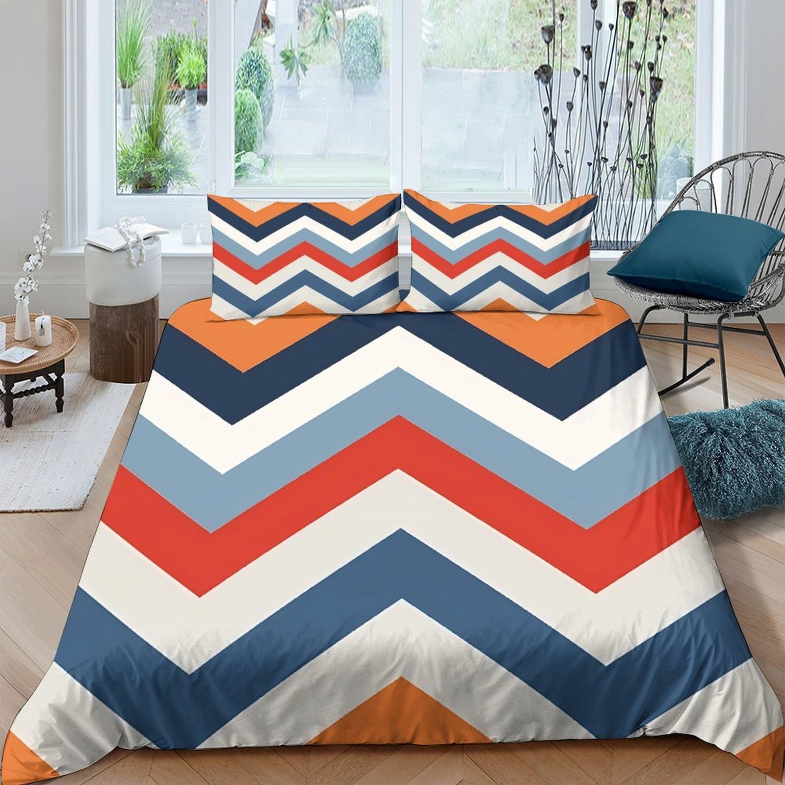 Ctjqhvkz Style-4 3D Printed Chevron Zigzag Fitted Sheet Microfiber Orange Blue Stripe Mattress Cover For Bedroom Dorm Easy Care Decor Single（135X200cm）