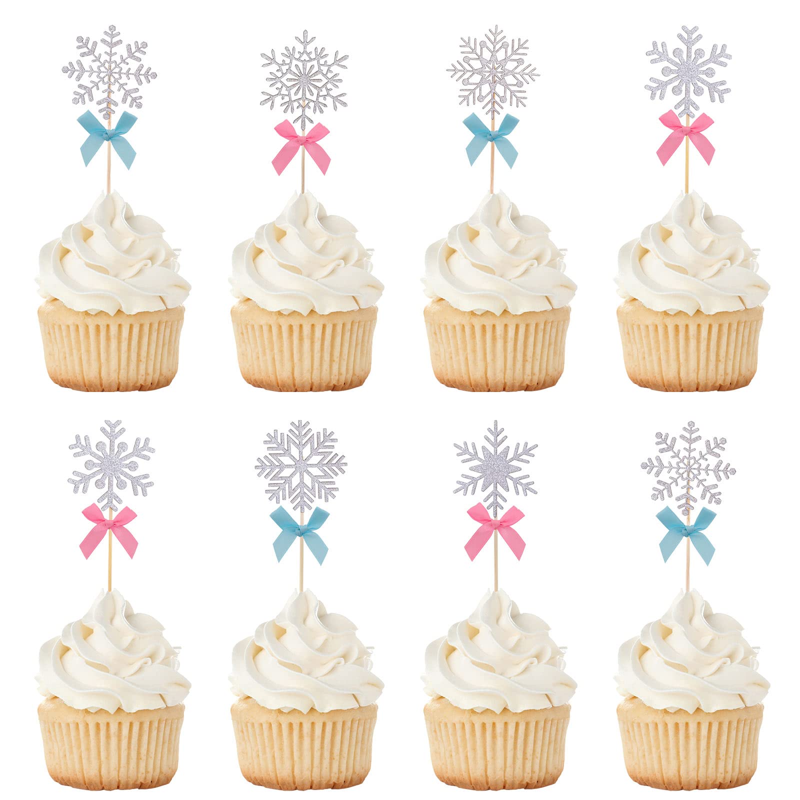 Whaline60Pcs Christmas Snowflake Cupcake Toppers 6 Design Glittery Snowflake Cupcake Picks with Pink Blue Bow Winter Theme Party Table Centerpiece Cake Decor for Xmas Wedding Birthday Baby Shower