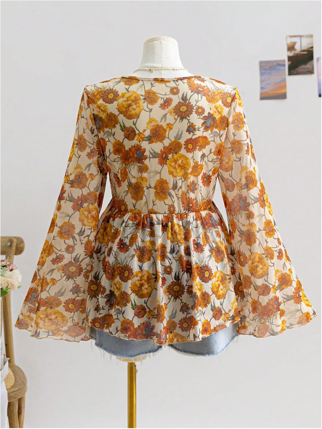 SweatyRocks Women's Plus Size Ruffle Tie Front Mesh Floral Print Shirt Bell Sleeve Peplum Top Blouse - Image 3