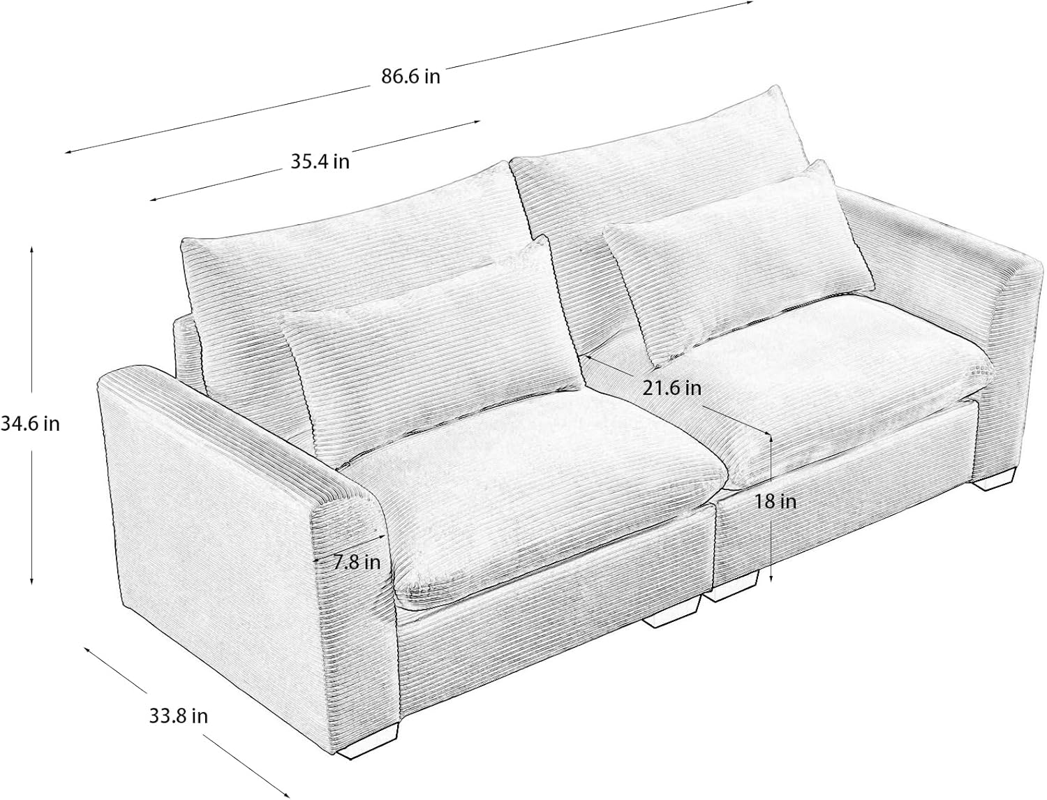 86.6'' Cloud Couch Deep Seat Upholstered Sofa Modern Corduroy Fabric Loveseat Sofa with 4 Pillows and Armrests 2 Seat Comfy Couch Lounge Sofa & Couches for Living Room Bedroom Apartment Office, Black