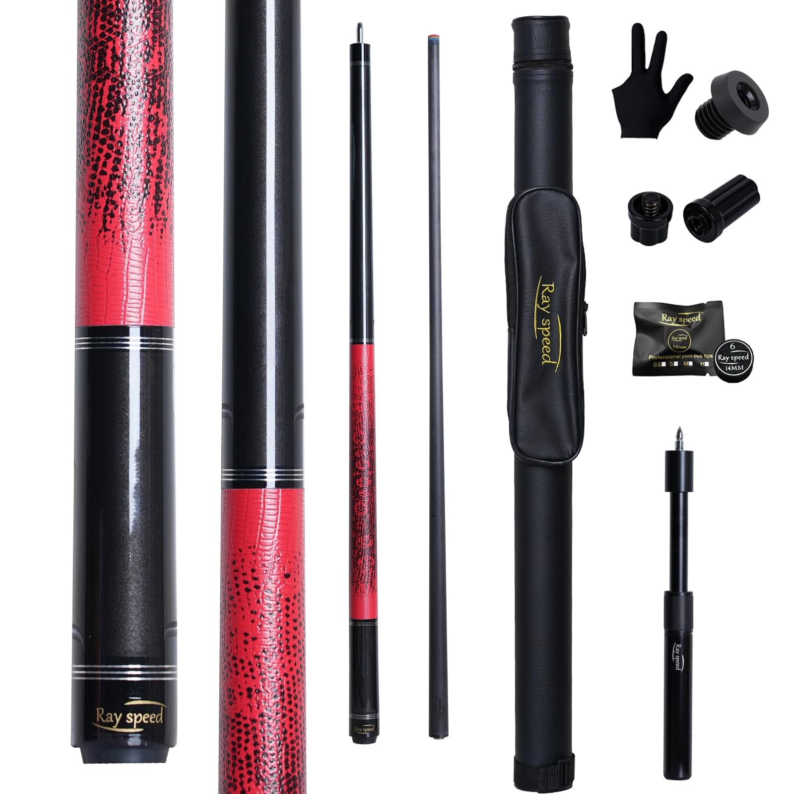 Carbon Fiber Pool Cue Stick 12.5mm Rainbow Tip Low Deflection Pool Stick with Uni-loc Pin Joint and Extension Pool Stick-20 oz