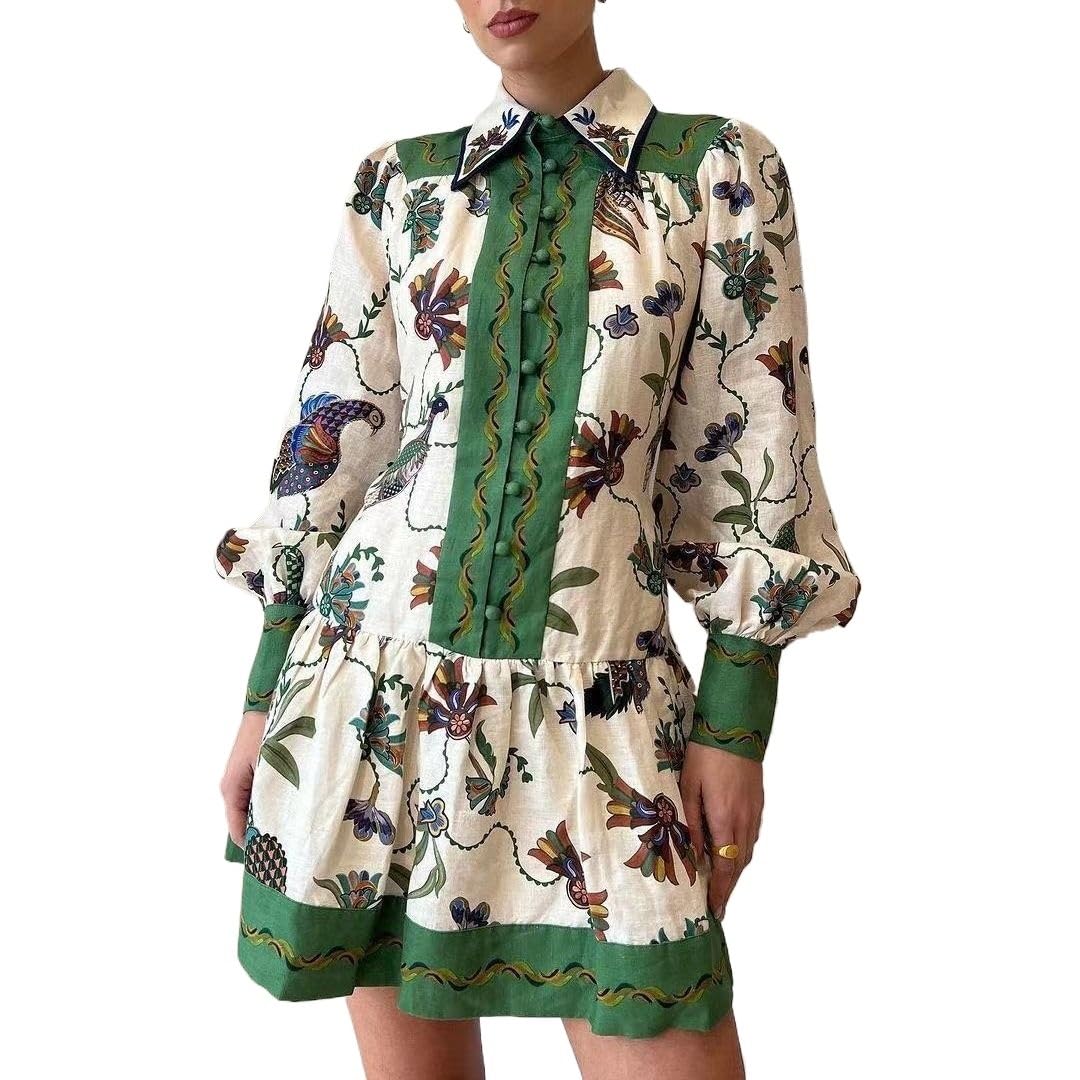 Women's Single-Breasted Long Lantern Sleeve Graffiti Print Tie Up Waist Midi Dress