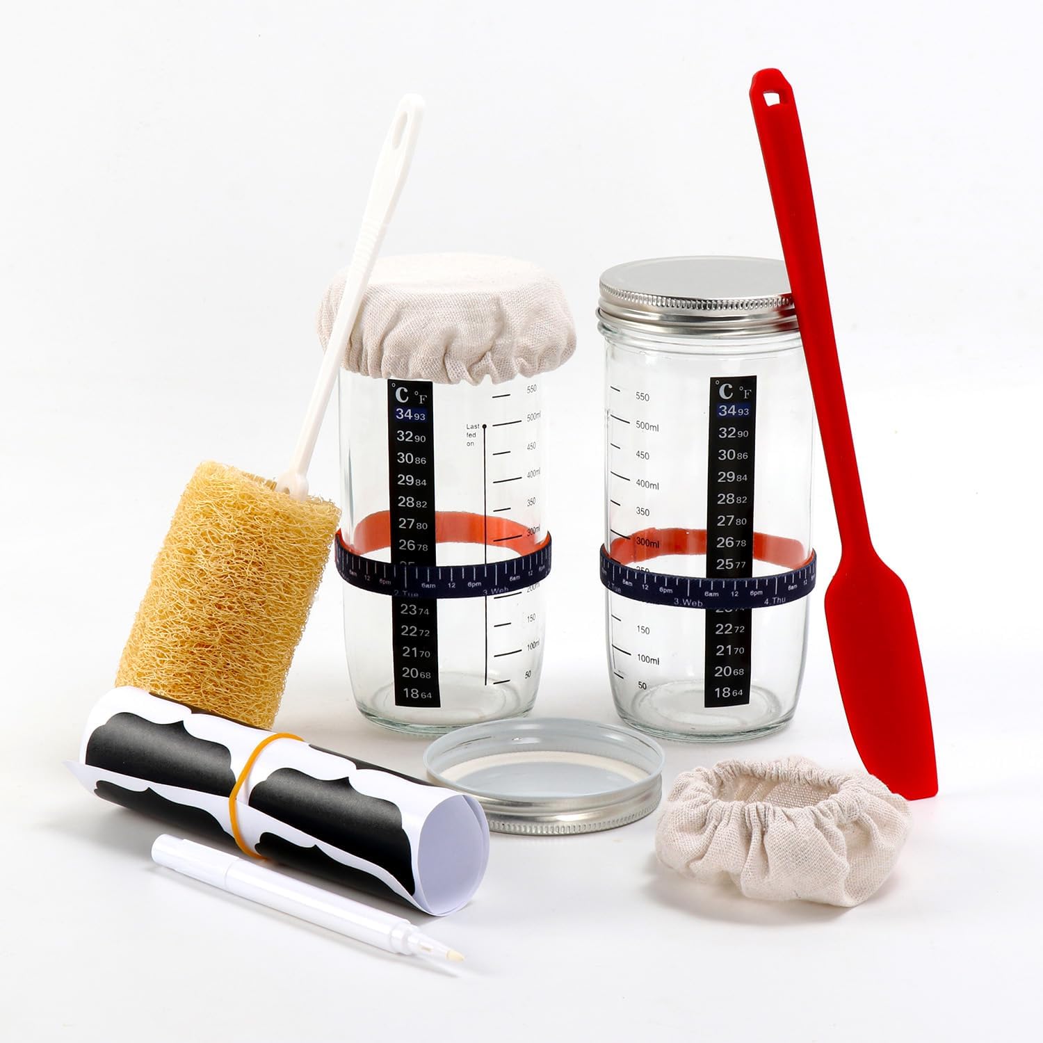 surebuy Sourdough Starter Jar Set Contains 2X Premium Sourdough Jar with Lid Cloth Cover - Silicone Jar Spatula,Chalkboard Labels,Cleaning Cloth For Fermentation, Storage & Preserving 550 to 730ML