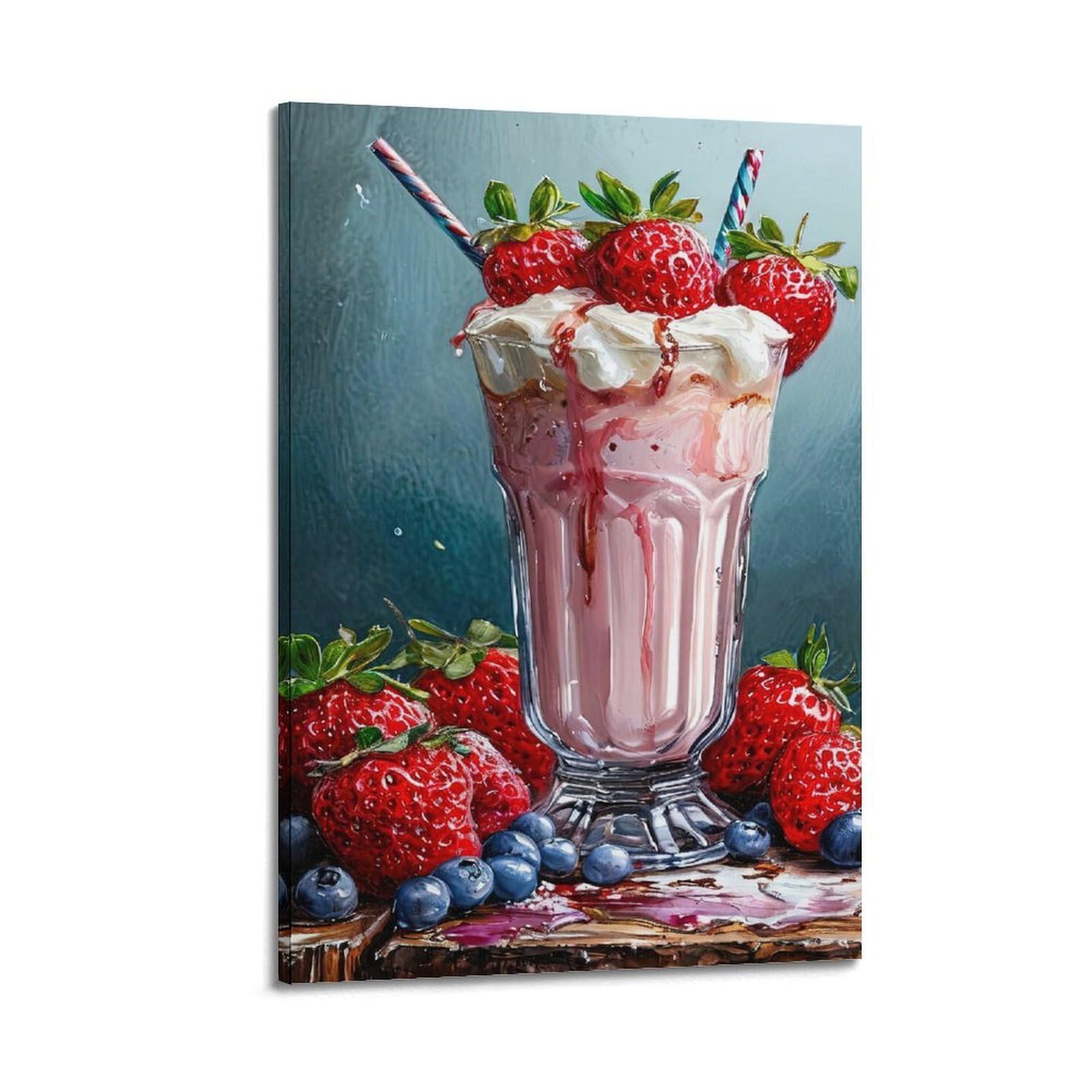 XKUGA Food Poster Retro Strawberry Dessert Milkshake Modern Decorative Canvas Prints - Ideal Wall Art for Family, Man Cave, Game Room, Boys & Girls Bedroom 24x36inch(60x90cm)