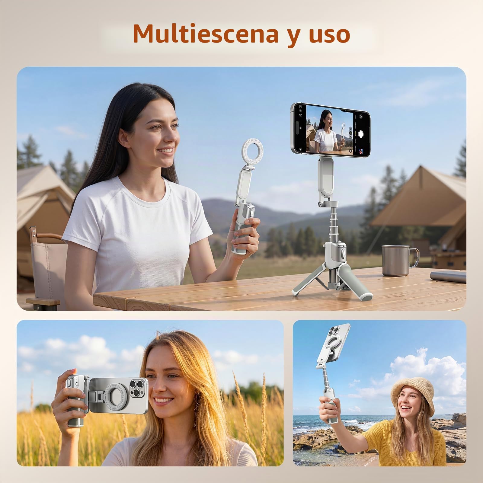 AMAZEAR Palo Selfie Tripode para Movil (4 en 1), Tripode para iPhone, Accesorios Selfie Stick para Móvil con botón de Disparo inalámbrico extraíble para iPhone 16 17 Pro MAX, Tripe Telemovel, Blanco