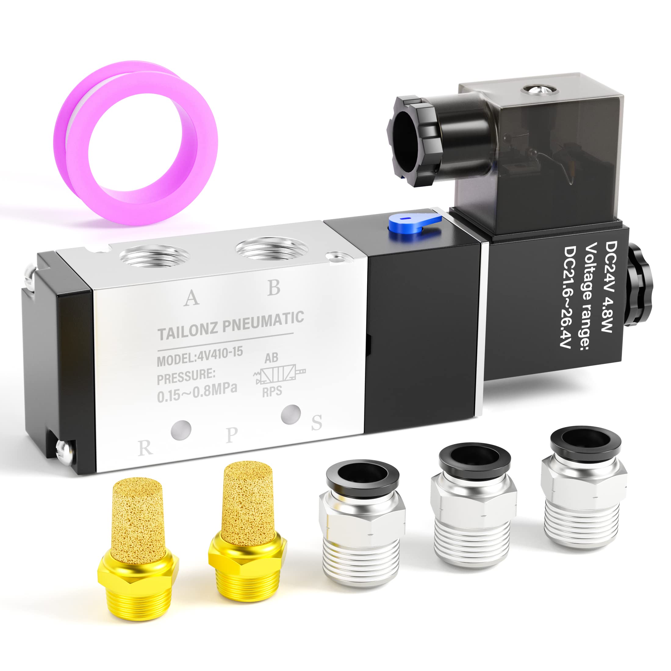 Tailonz Pneumatic 1/2"NPT Solenoid Valve 4V410-15 12V/24V/110V/220V Single Coil Pilot-Operated Electric 2 Position 5 Way Connection Type（24V）