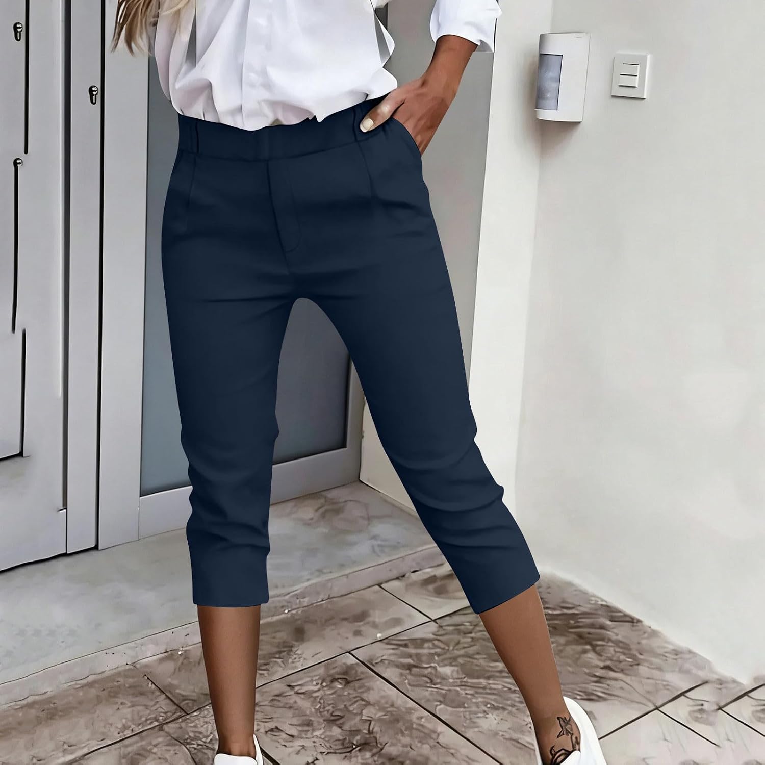 Women's Capri Dress Pants High Waisted Casual Cropped Trousers Elastic Waist Business Work Capris with Pocket
