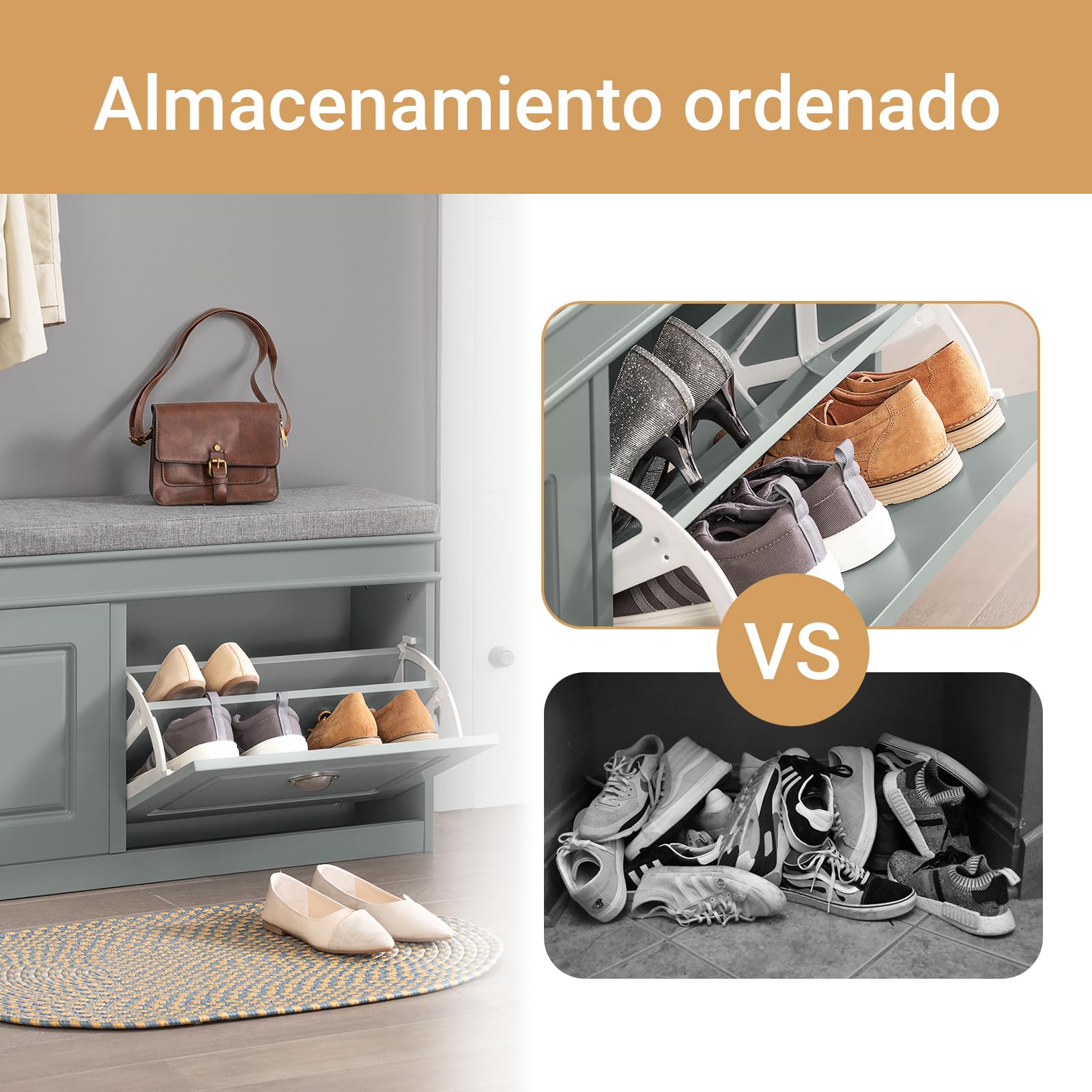 SoBuy Banco Zapatero con Asiento y Almacenaje - Puff Organizador con 2 Solapas, Estrecho para Zapatero Entrada Recibidor, Recibidores de Entrada y Dormitorio, 104x24x52cm Gris FSR64-HG ES