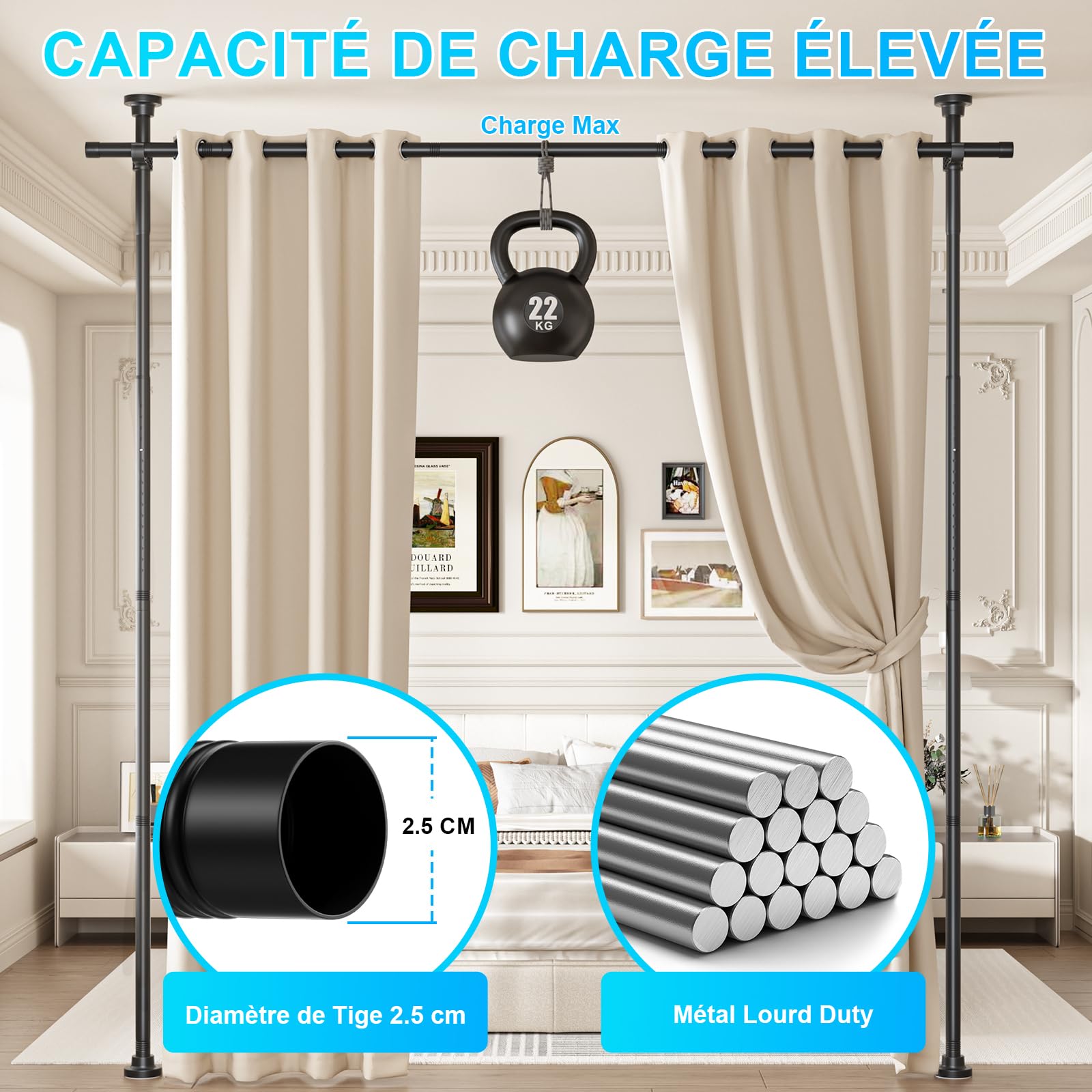 AIZESI Tringle à Rideaux Verticale sans Percage Extensible - Paravent d'Intérieur Brise-Vue Noir - Réglable Hauteur 242-351 cm x Largeur 111-297 cm - Pour Salon, Chambre, Bureau