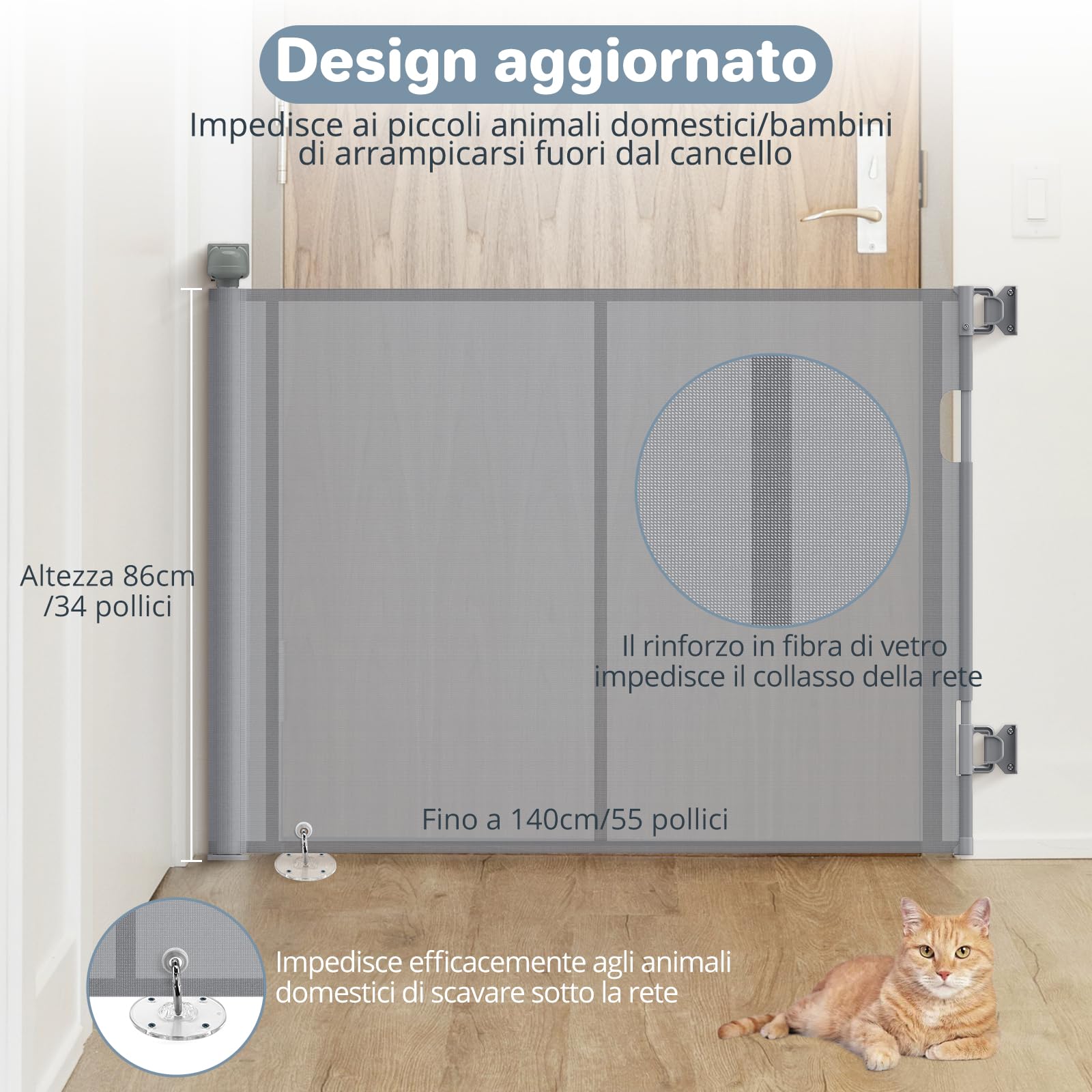 Cancelletto di Sicurezza Retrattile per Bambini, 0-140 cm, Cancelletto di Sicurezza per Cani, Cancello Bambini Adatto per Scale, Corridoi, Interni ed Esterni Grigio