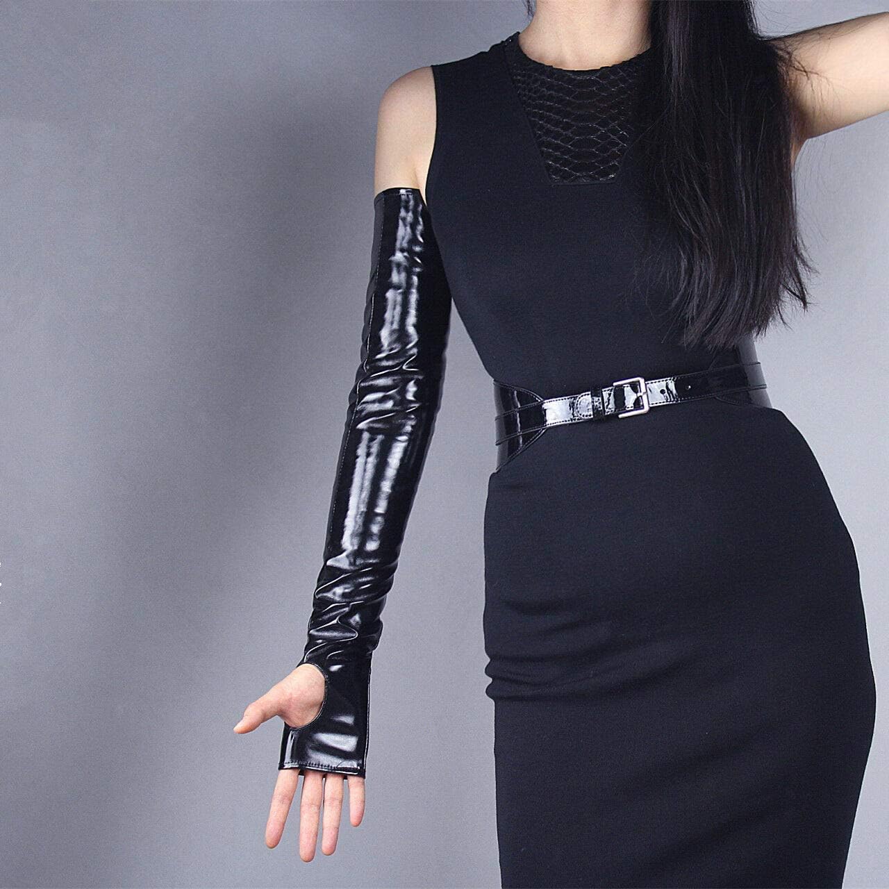 DooWay FINGERLESS GLOVES Women's MITTENS Opera Long Faux Leather Half Finger Arm Warmer Wristlet TECH Cosplay Costume