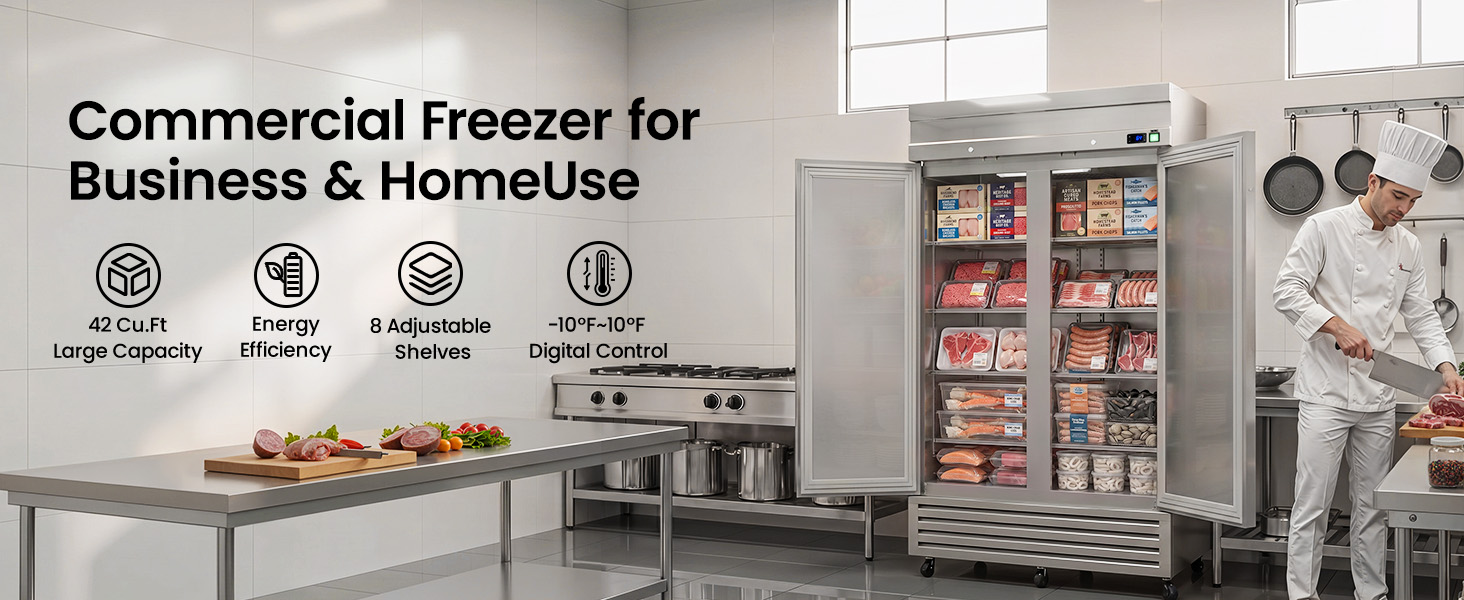 Image of 54 inchW Commercial Freezer, 42 Cu. Ft Reach-In Freezer with 2 Solid Doors | Stainless Steel, Auto Defrost, 8 Adjustable Shelves,Fan Cooling & Locks for Restaurant, Bar and Commercial Kitchen